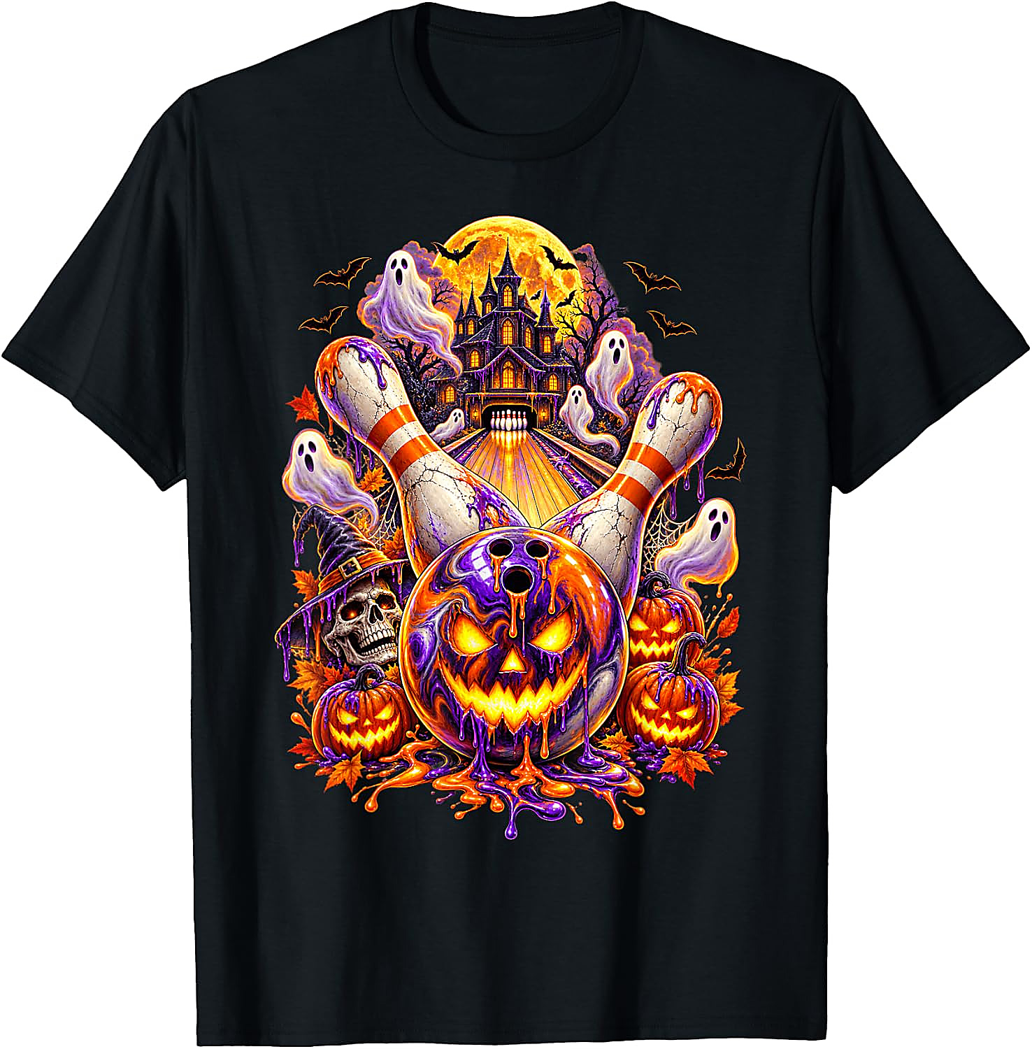 Halloween Bowling Ball Pumpkin Ghost T-Shirt | Spooky Tee