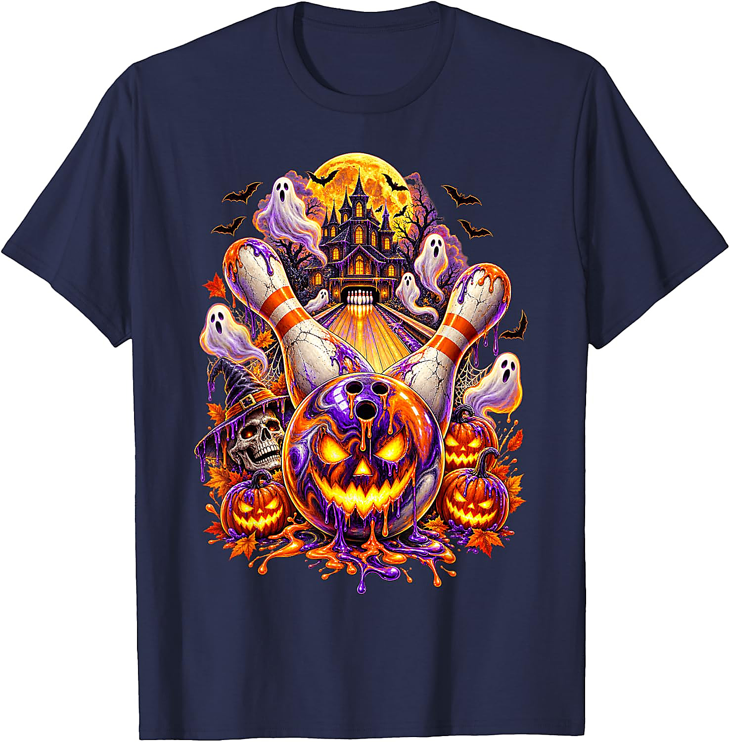 Halloween Bowling Ball Pumpkin Ghost T-Shirt | Spooky Tee