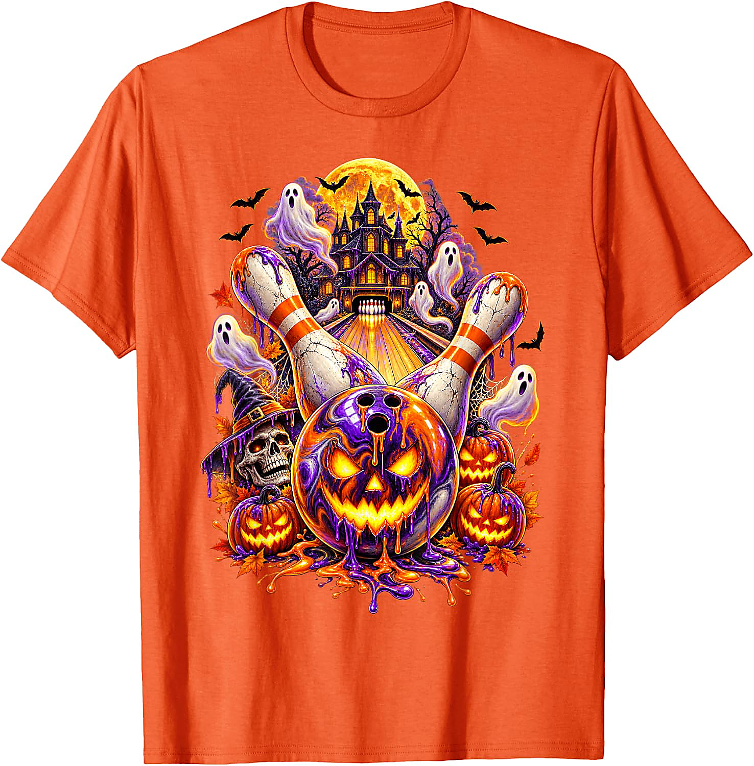 Halloween Bowling Ball Pumpkin Ghost T-Shirt | Spooky Tee