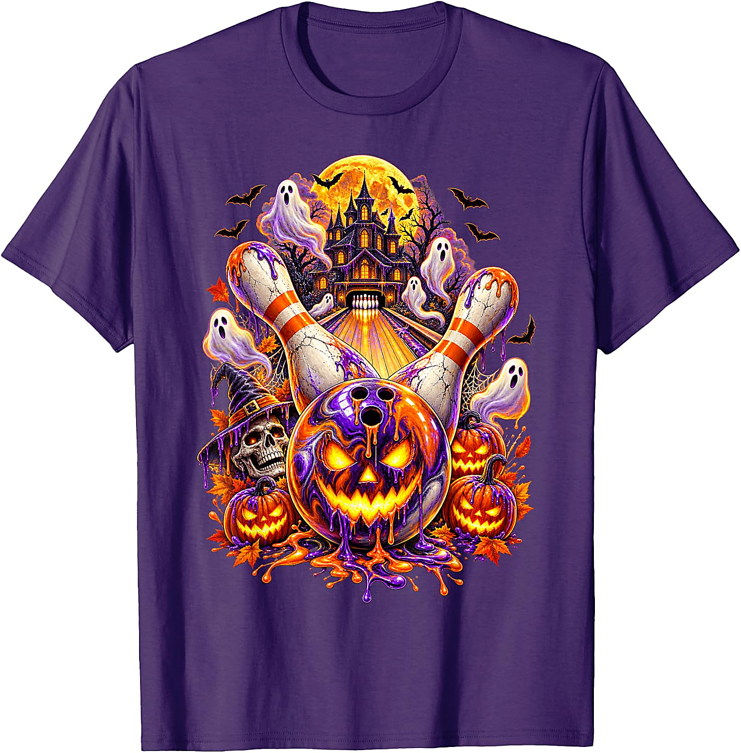 Halloween Bowling Ball Pumpkin Ghost T-Shirt | Spooky Tee