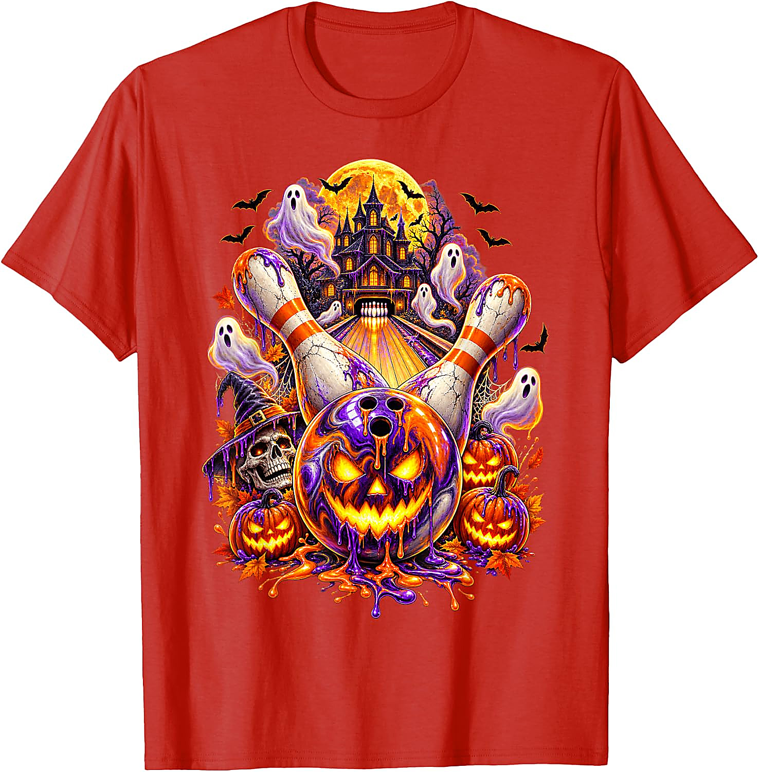 Halloween Bowling Ball Pumpkin Ghost T-Shirt | Spooky Tee