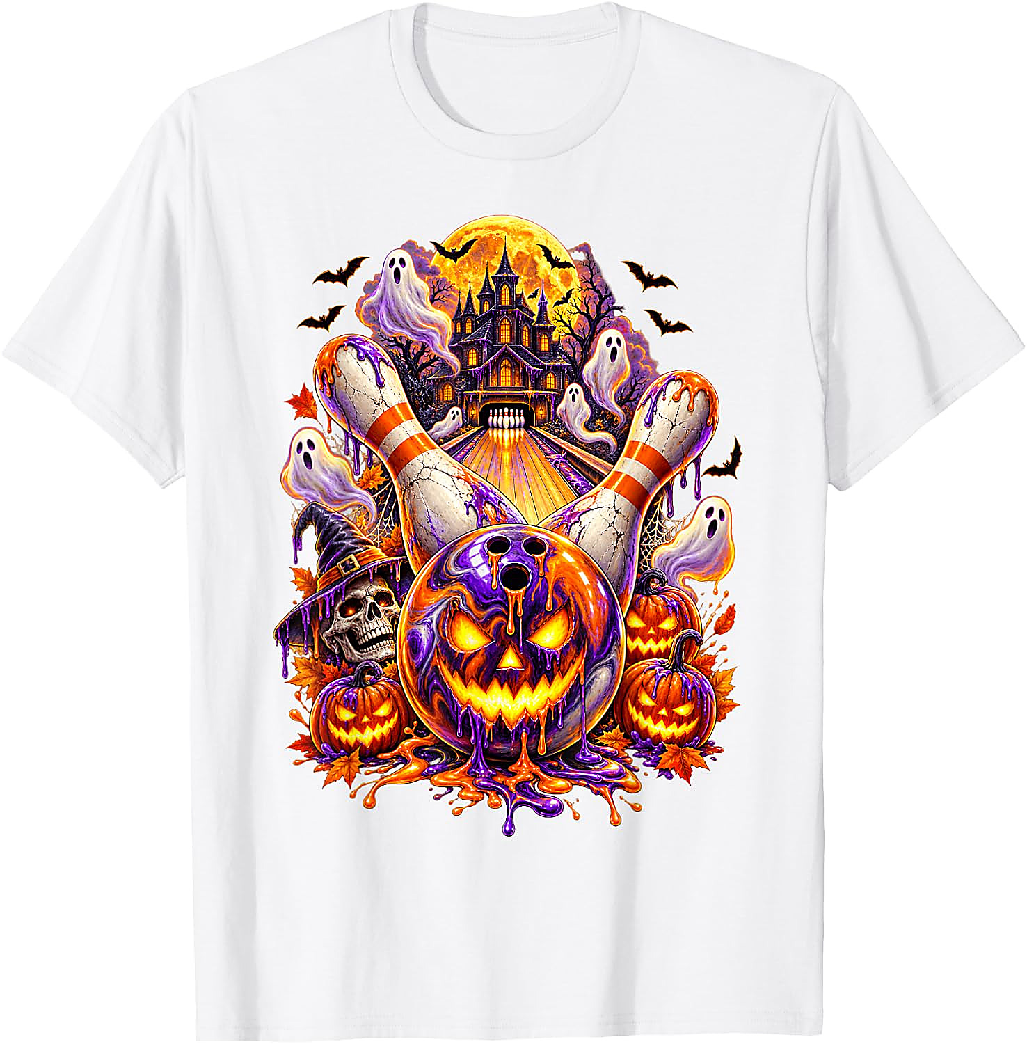 Halloween Bowling Ball Pumpkin Ghost T-Shirt | Spooky Tee