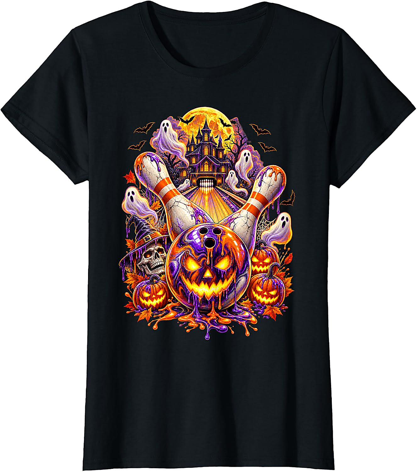 Halloween Bowling Ball Pumpkin Ghost T-Shirt | Spooky Tee