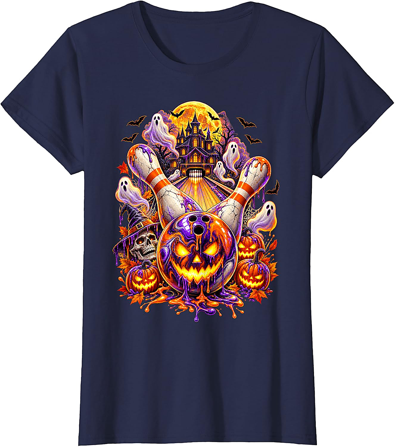 Halloween Bowling Ball Pumpkin Ghost T-Shirt | Spooky Tee