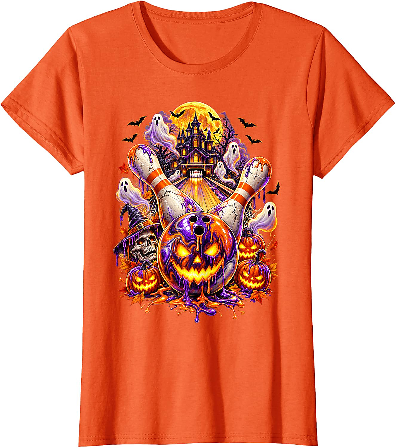 Halloween Bowling Ball Pumpkin Ghost T-Shirt | Spooky Tee