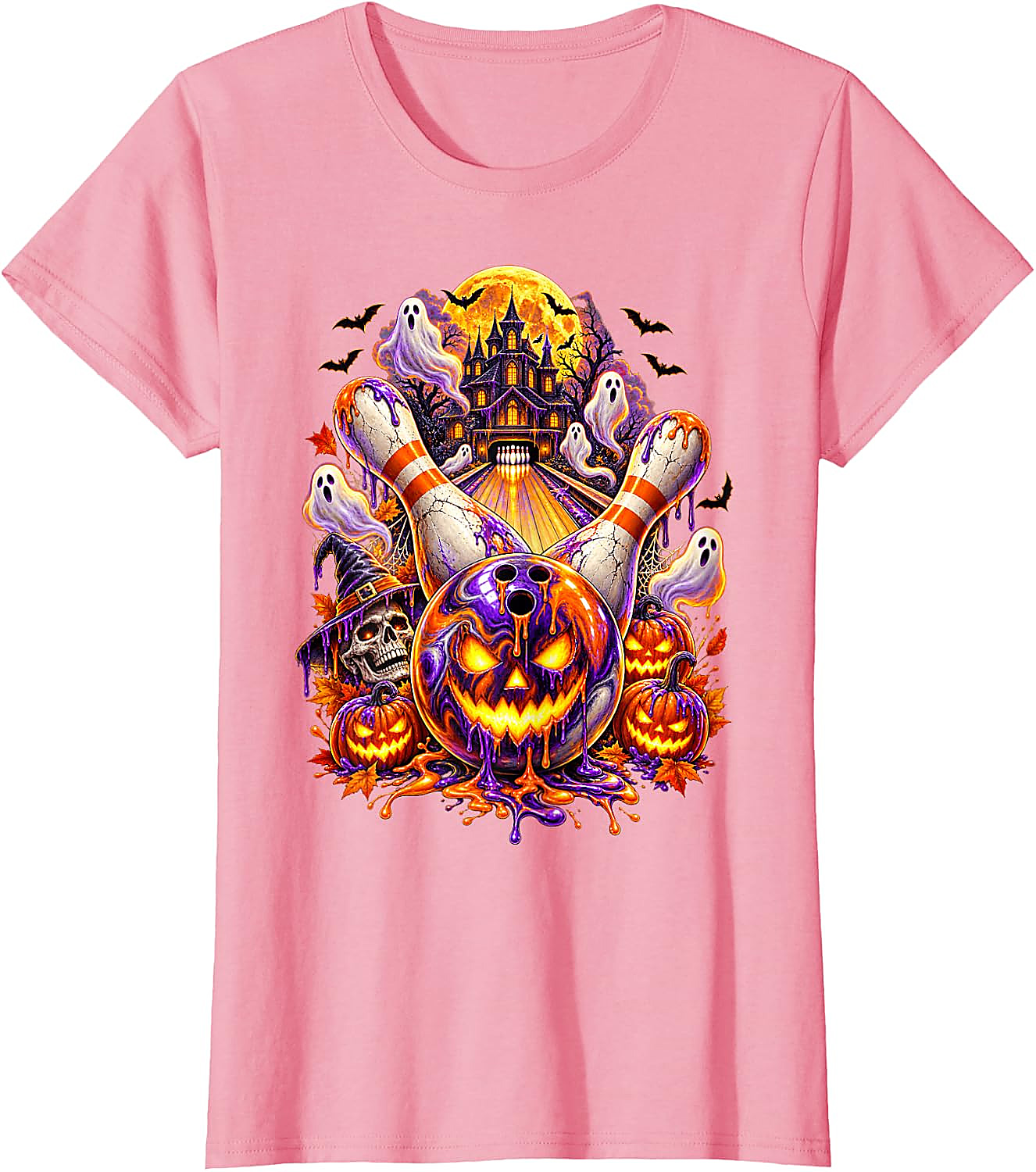 Halloween Bowling Ball Pumpkin Ghost T-Shirt | Spooky Tee