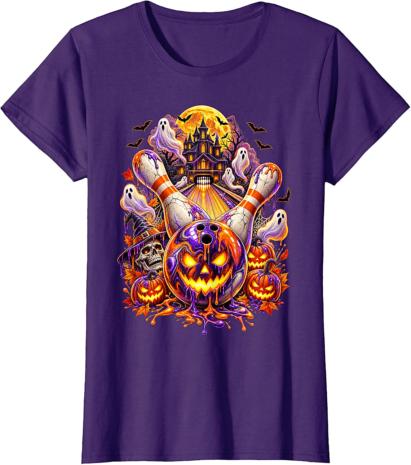 Halloween Bowling Ball Pumpkin Ghost T-Shirt | Spooky Tee