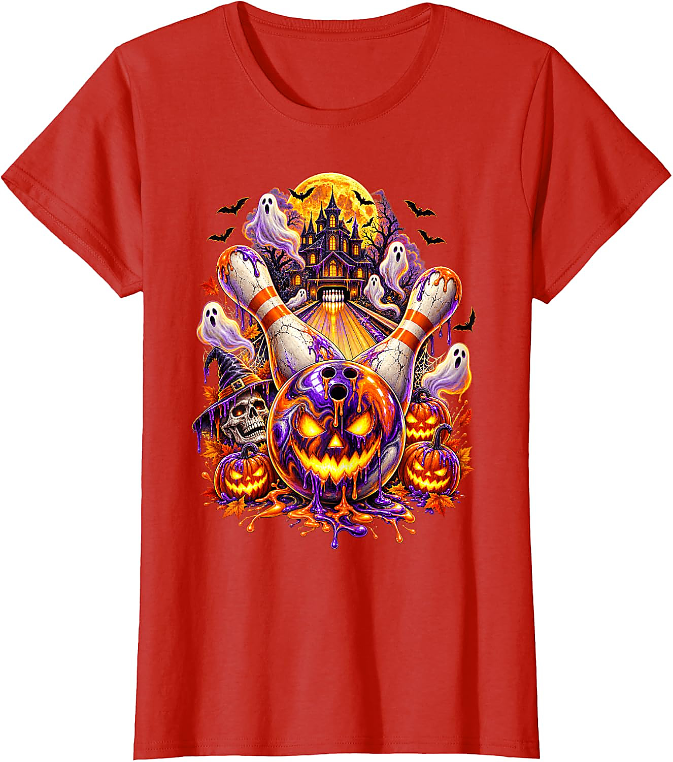 Halloween Bowling Ball Pumpkin Ghost T-Shirt | Spooky Tee