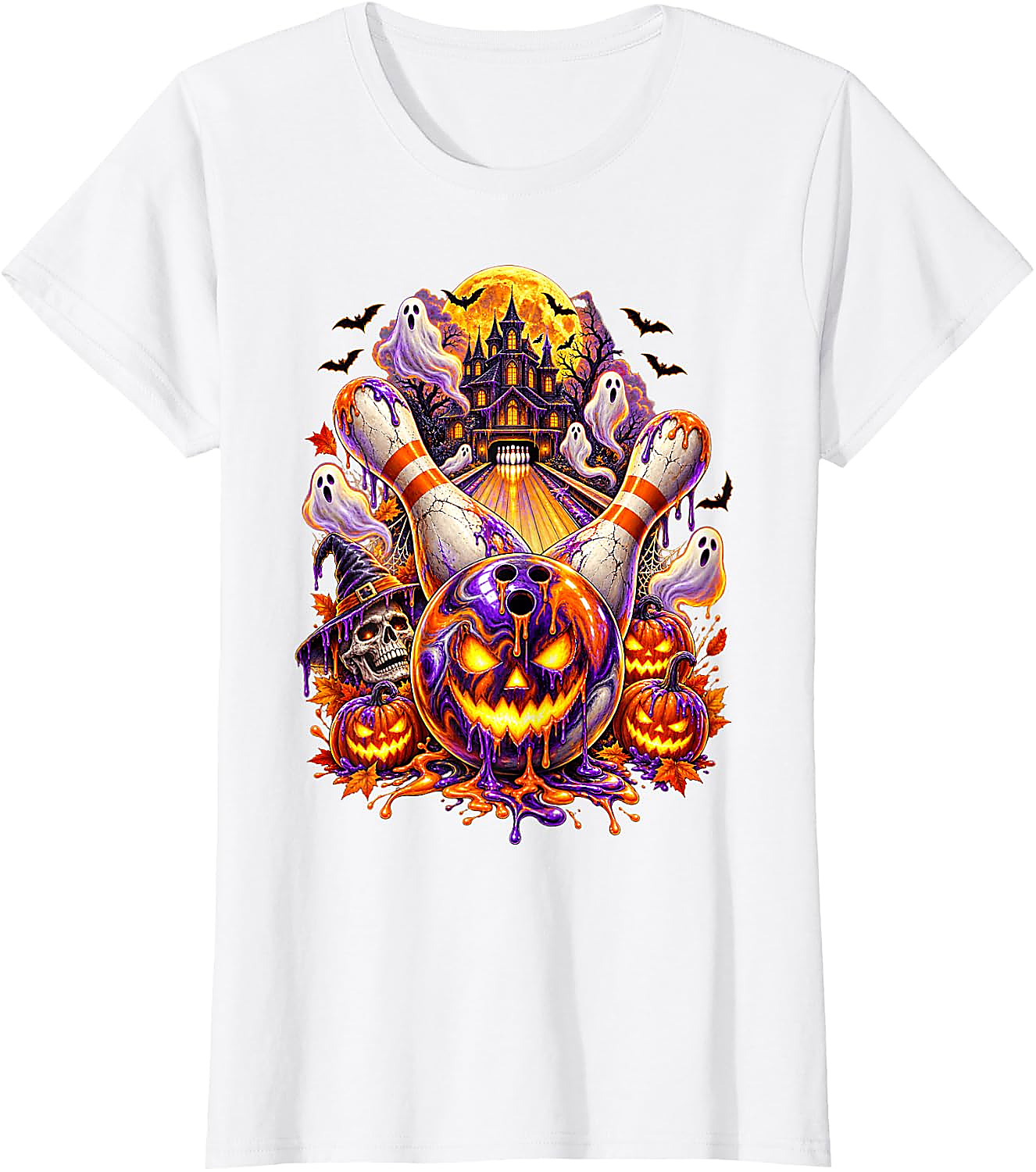 Halloween Bowling Ball Pumpkin Ghost T-Shirt | Spooky Tee