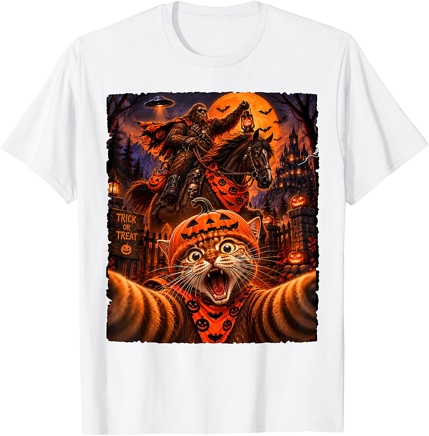 Sasquatch Cat Selfie Halloween T-Shirt | Funny Spooky Tee