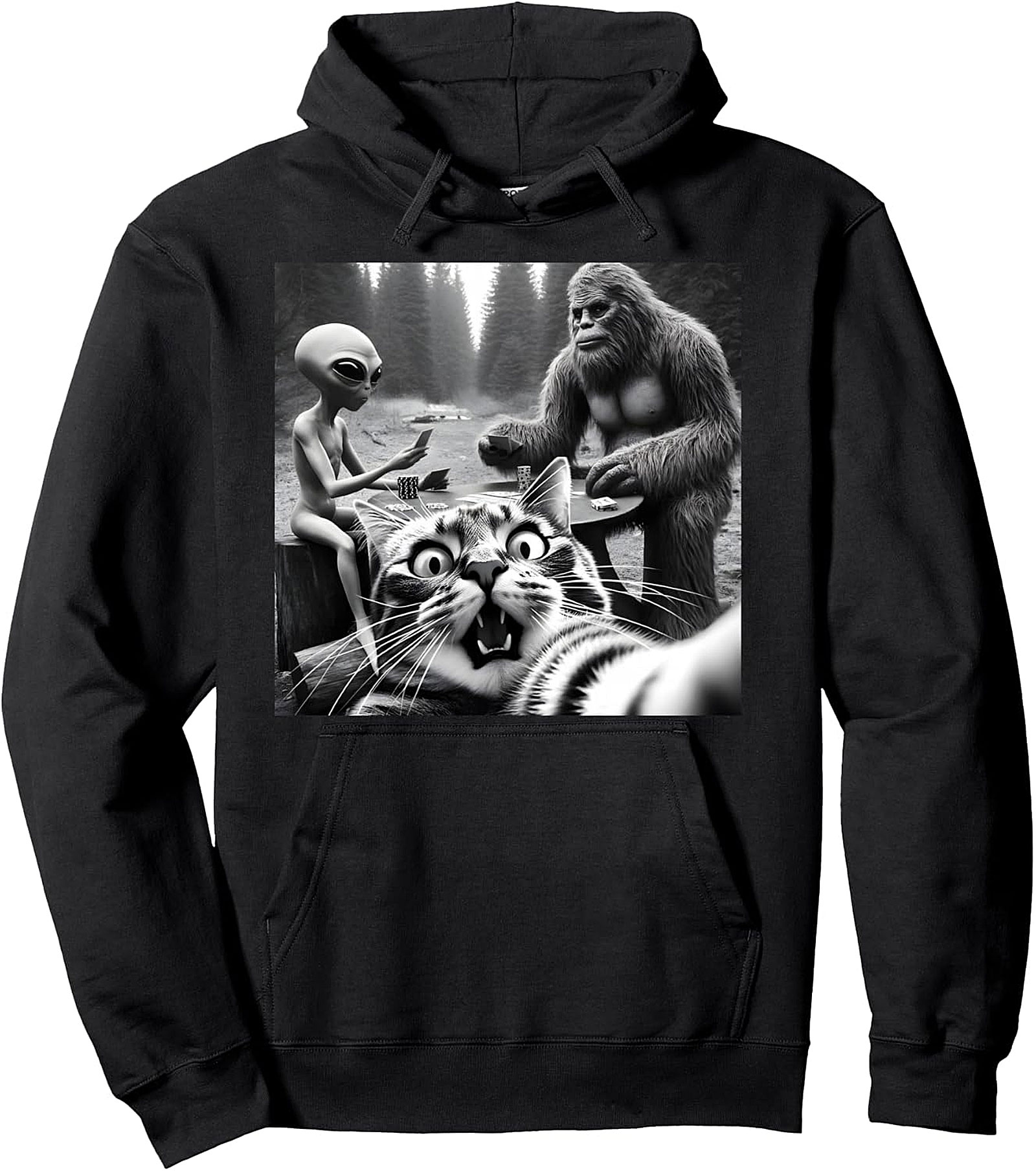 Sasquatch Bigfoot Alien Cat Selfie Funny Pullover Hoodie
