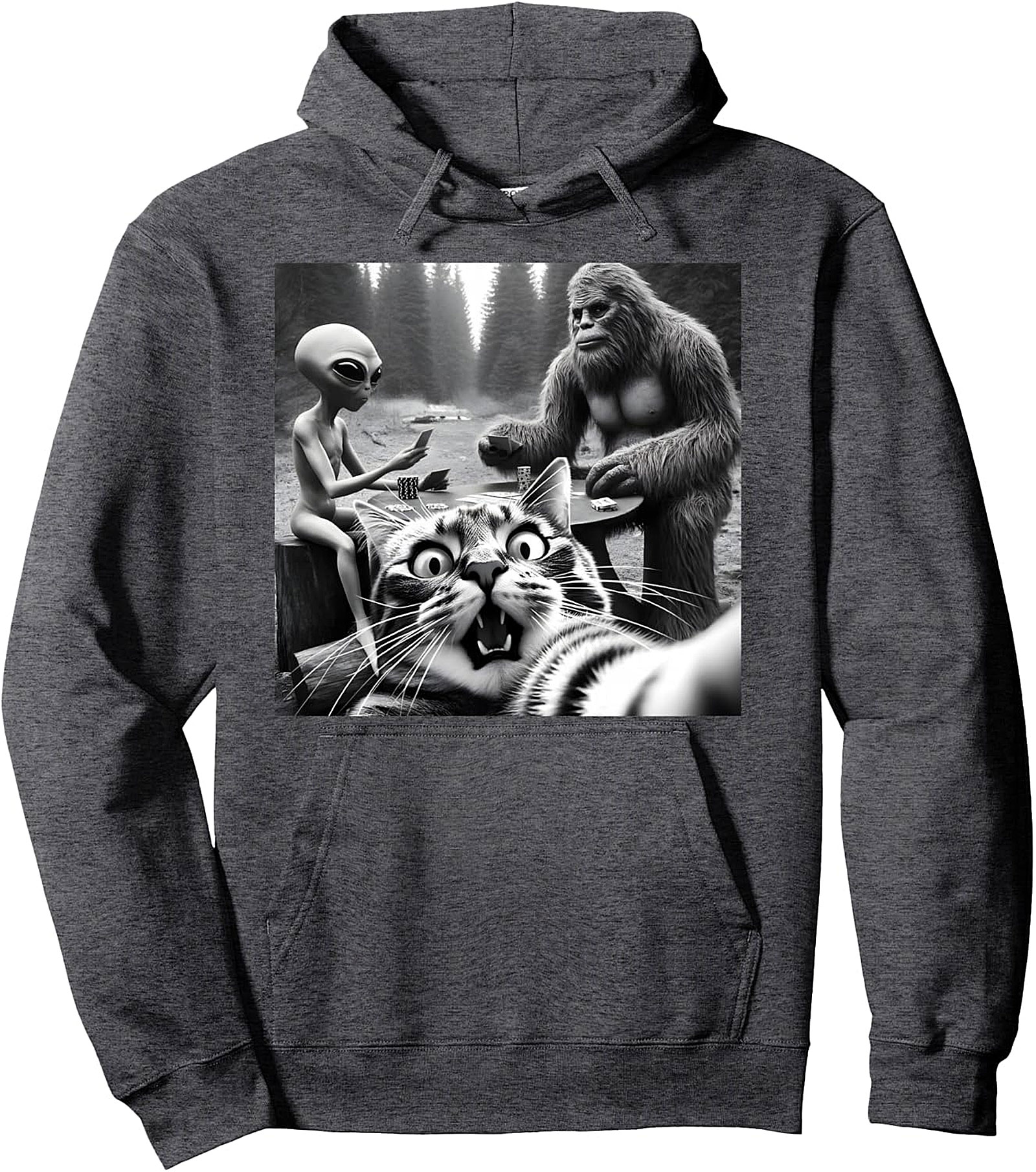 Sasquatch Bigfoot Alien Cat Selfie Funny Pullover Hoodie