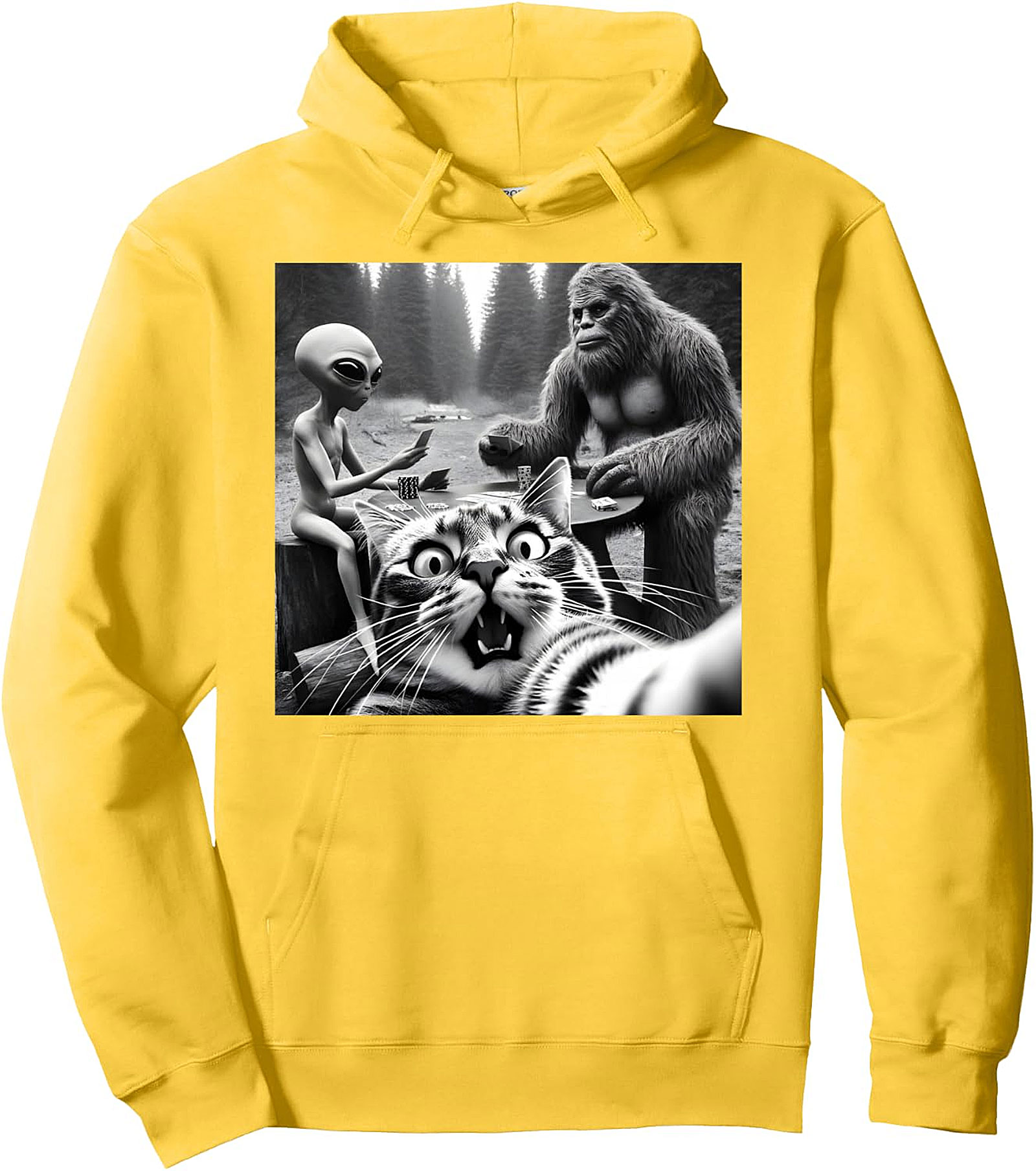Sasquatch Bigfoot Alien Cat Selfie Funny Pullover Hoodie