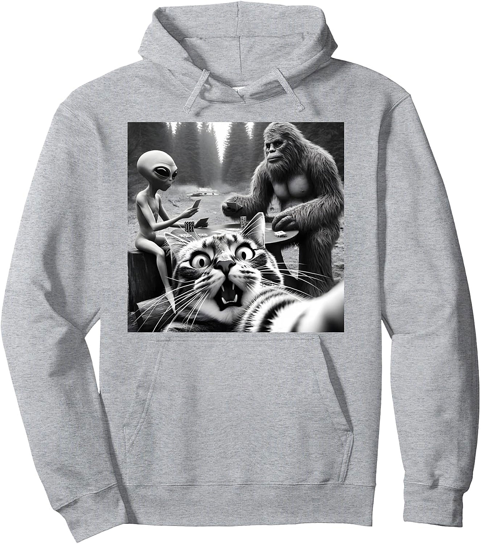 Sasquatch Bigfoot Alien Cat Selfie Funny Pullover Hoodie