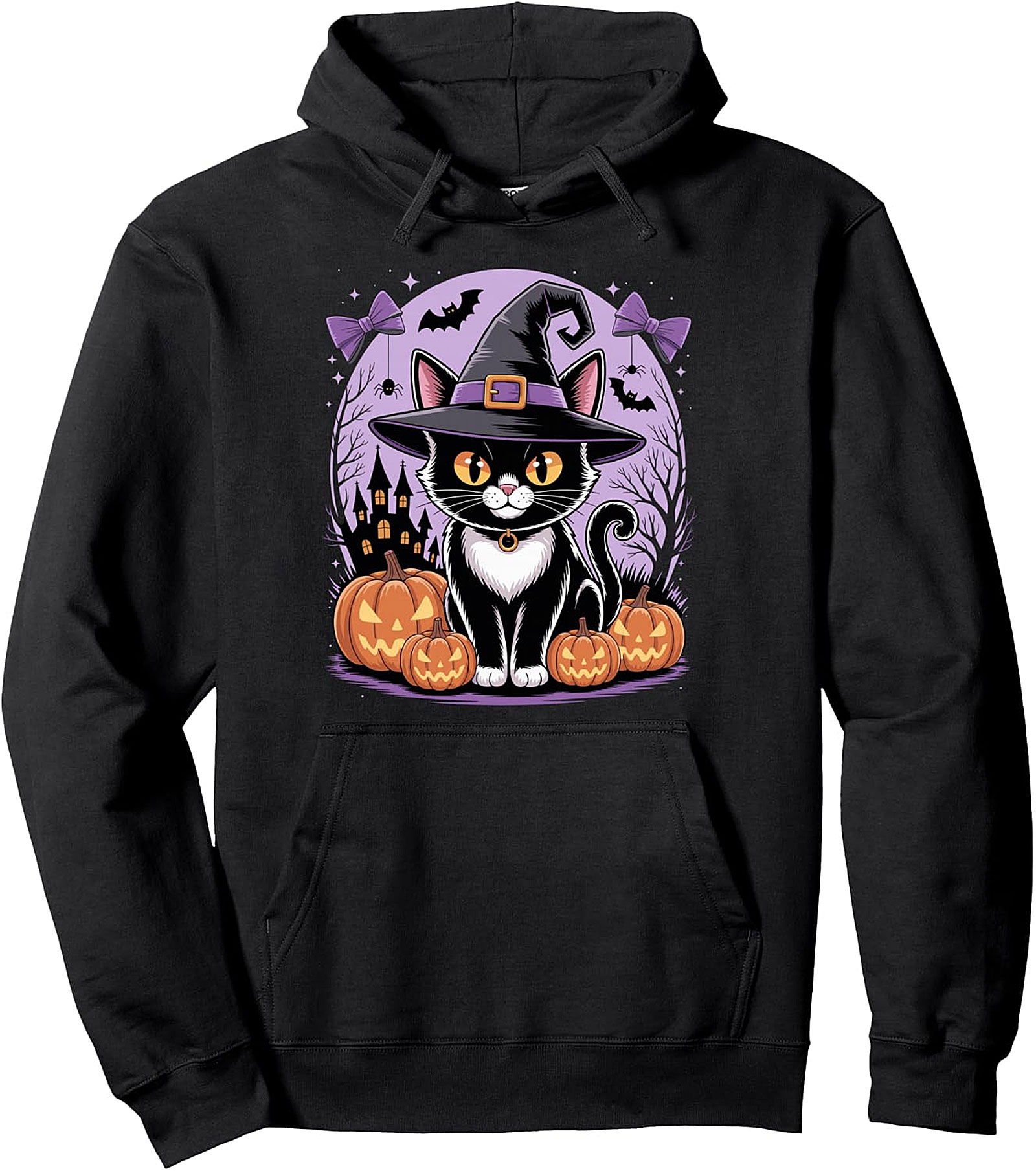 Cute Black Cat Witch Halloween Pullover Hoodie | Spooky Kitten