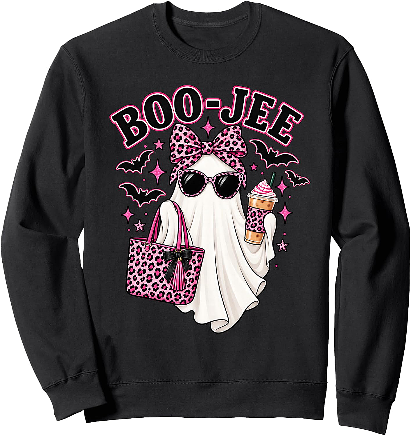 Boo Jee Ghost Halloween Pink Leopard Bow Coffee Sweatshirt