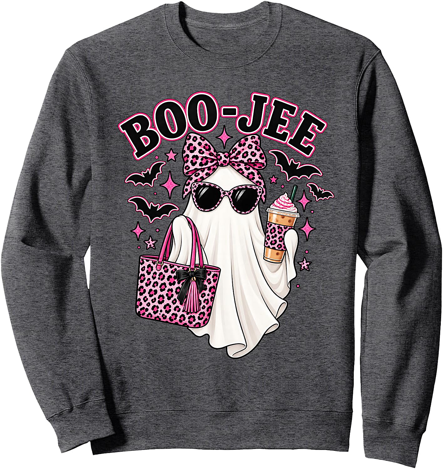  Boo Jee Ghost Halloween Pink Leopard Bow Coffee Sweatshirt