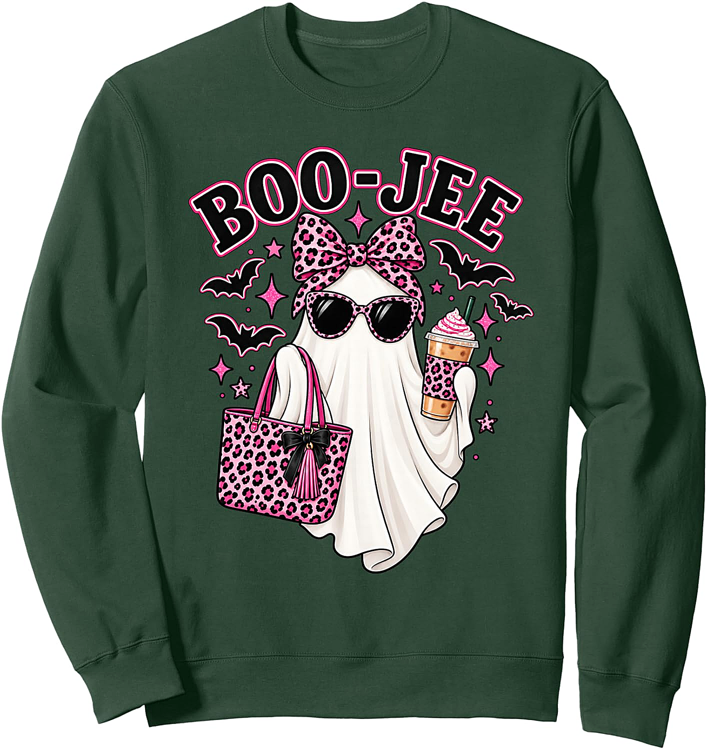  Boo Jee Ghost Halloween Pink Leopard Bow Coffee Sweatshirt