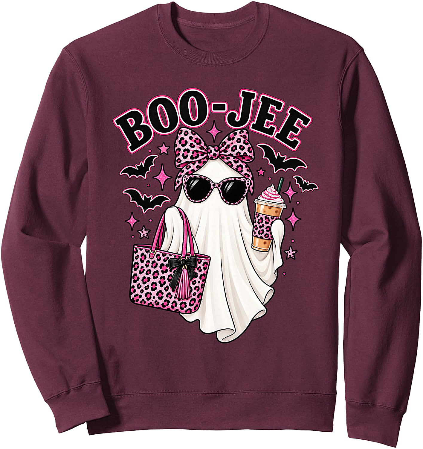  Boo Jee Ghost Halloween Pink Leopard Bow Coffee Sweatshirt