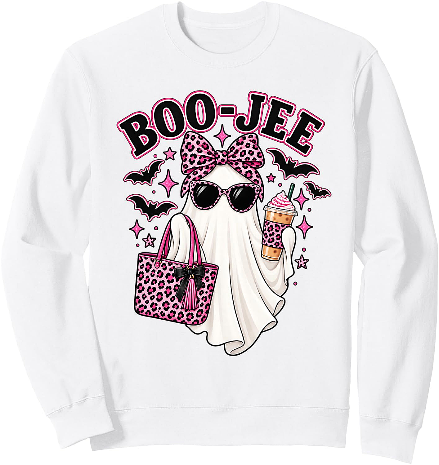  Boo Jee Ghost Halloween Pink Leopard Bow Coffee Sweatshirt