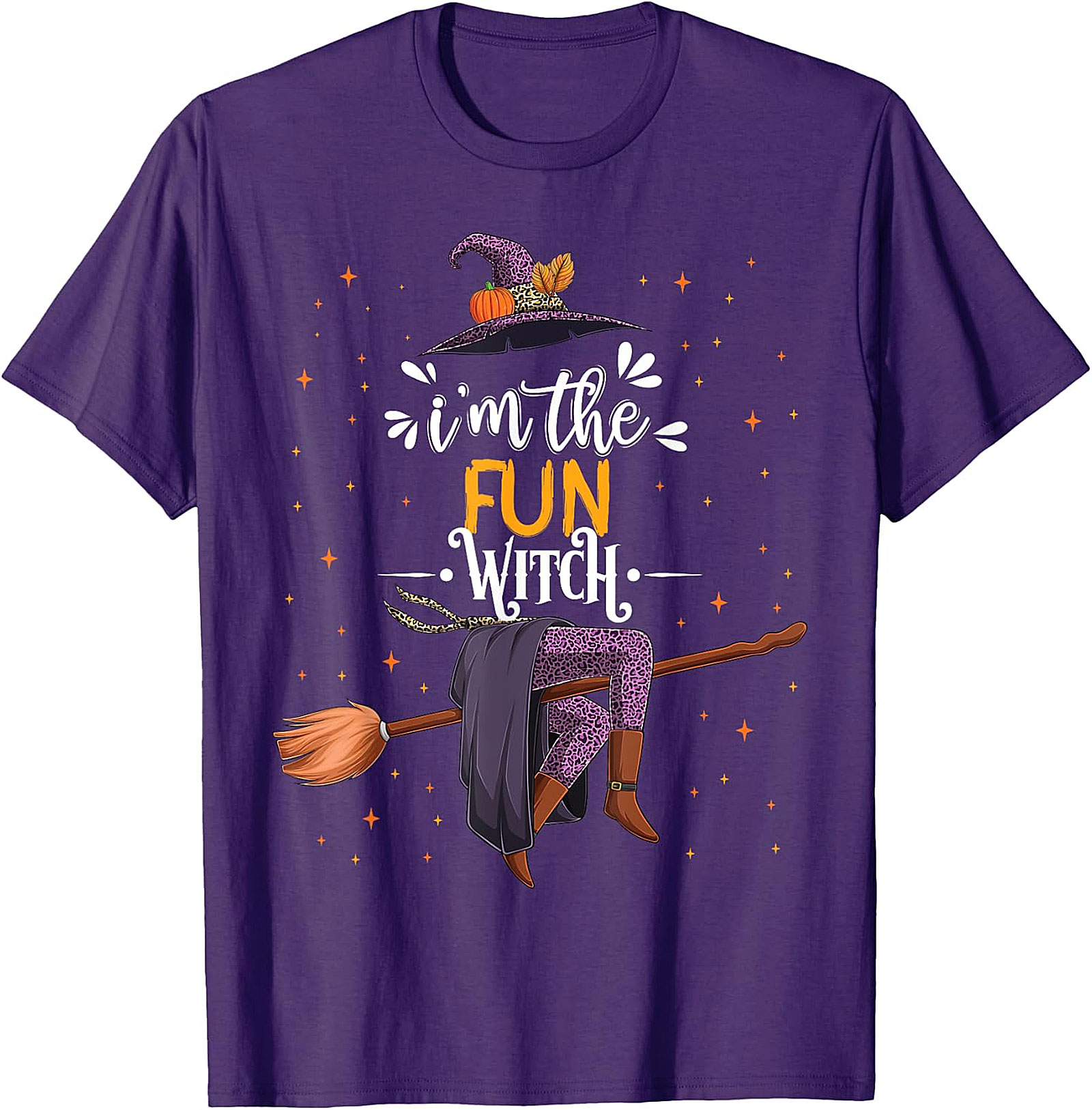 Fun Witch Halloween T-Shirt - Purple Hat & Broomstick Tee