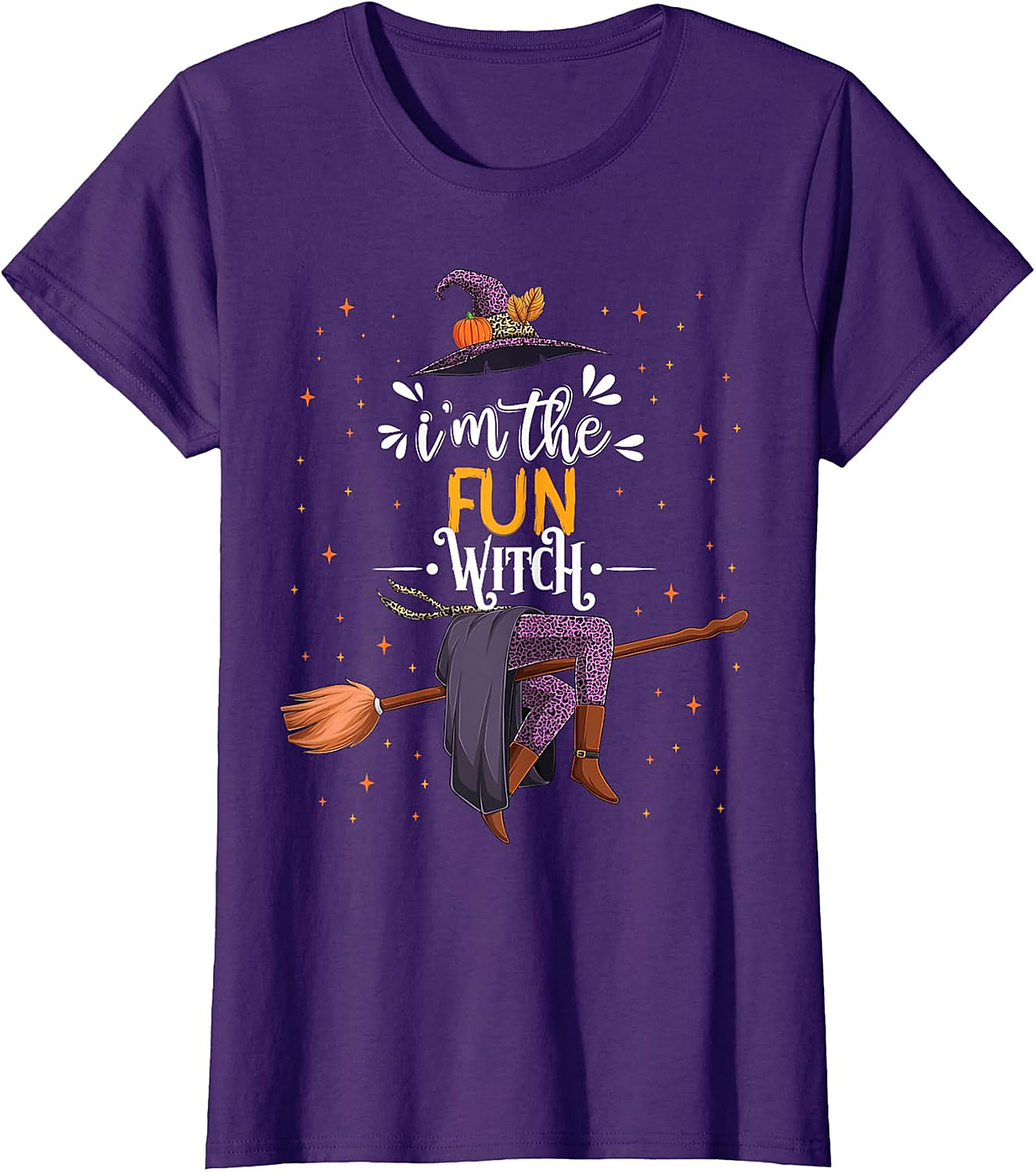 Fun Witch Halloween T-Shirt - Purple Hat & Broomstick Tee