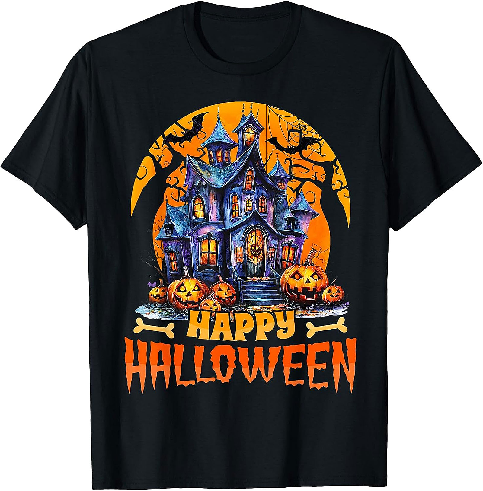 Happy Halloween Haunted House & Pumpkins Graphic Tee