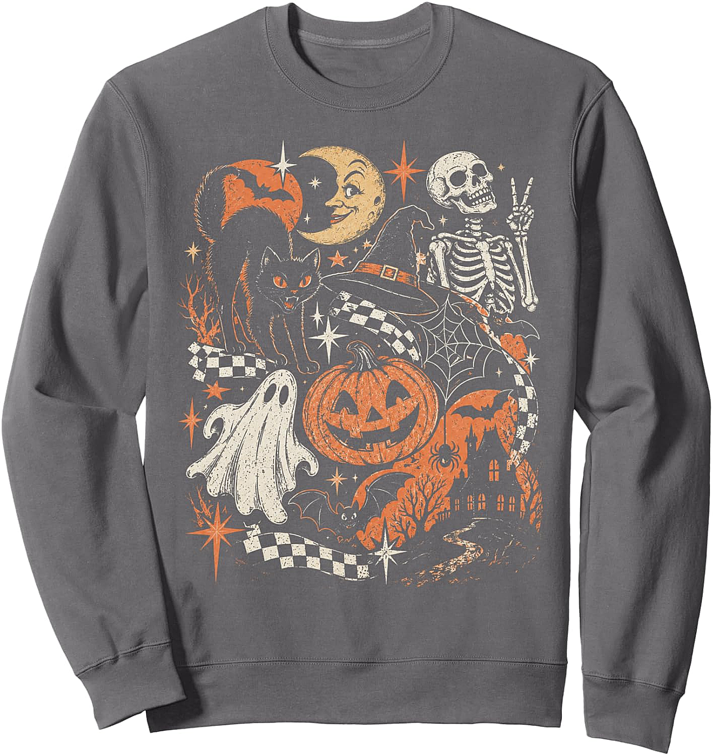 Retro Halloween Black Cat Ghost Skeleton Sweatshirt