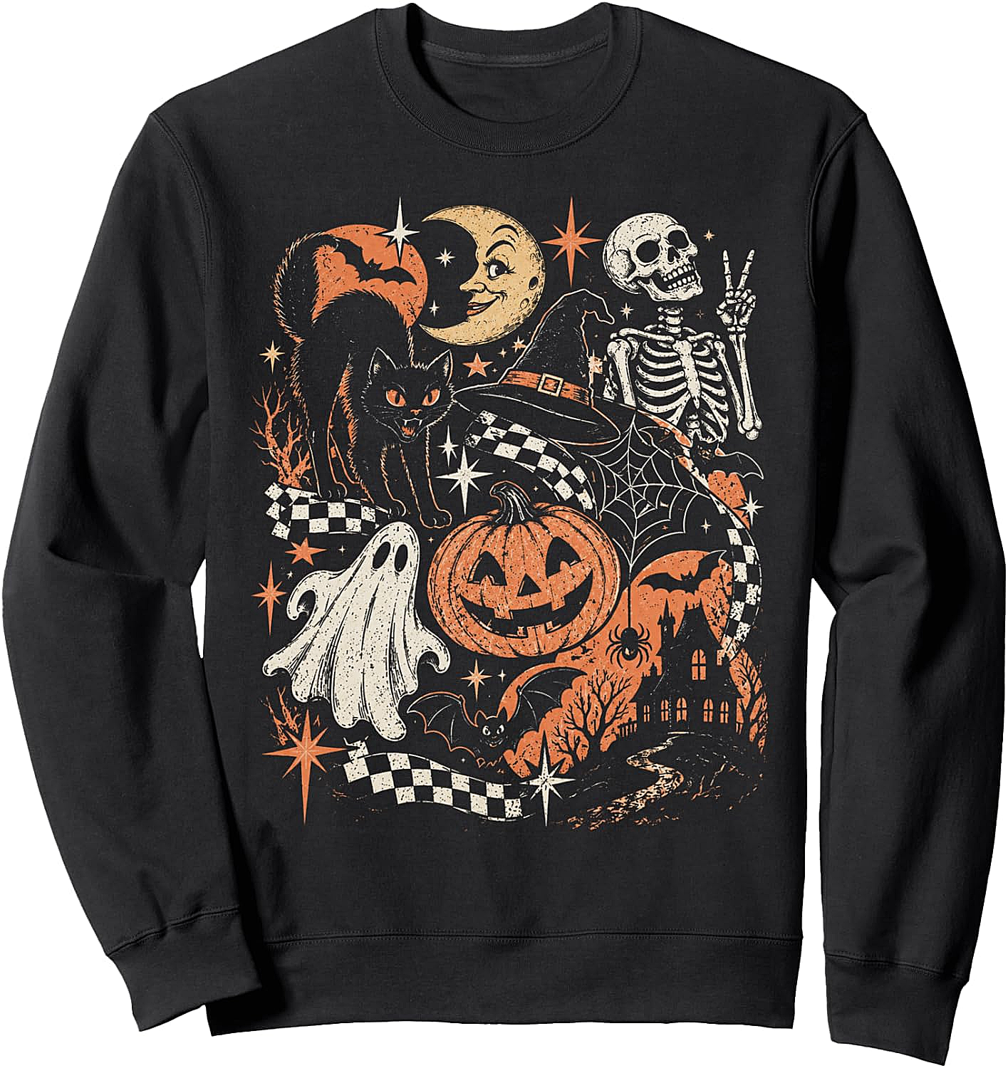 Retro Halloween Black Cat Ghost Skeleton Sweatshirt