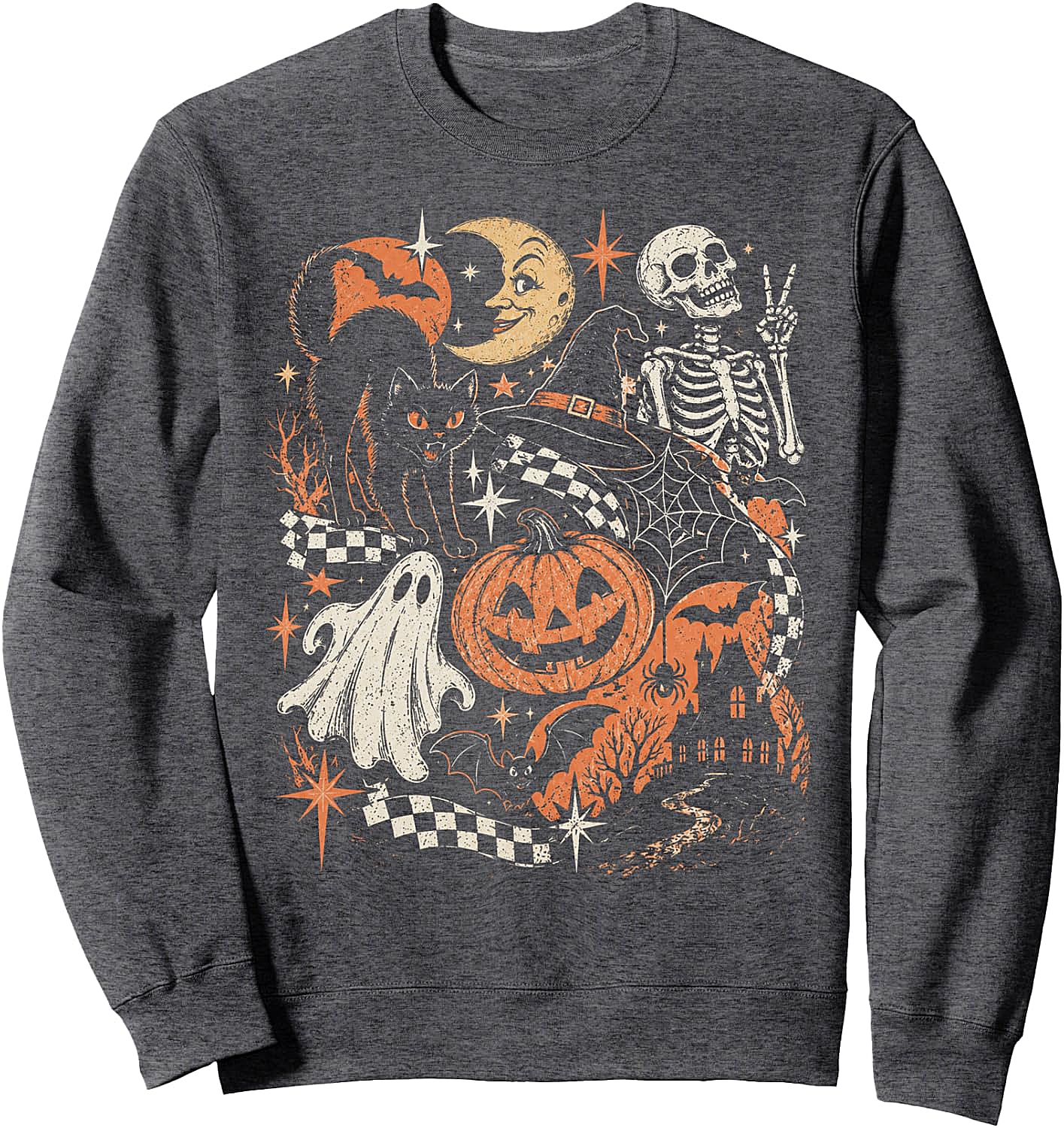 Retro Halloween Black Cat Ghost Skeleton Sweatshirt