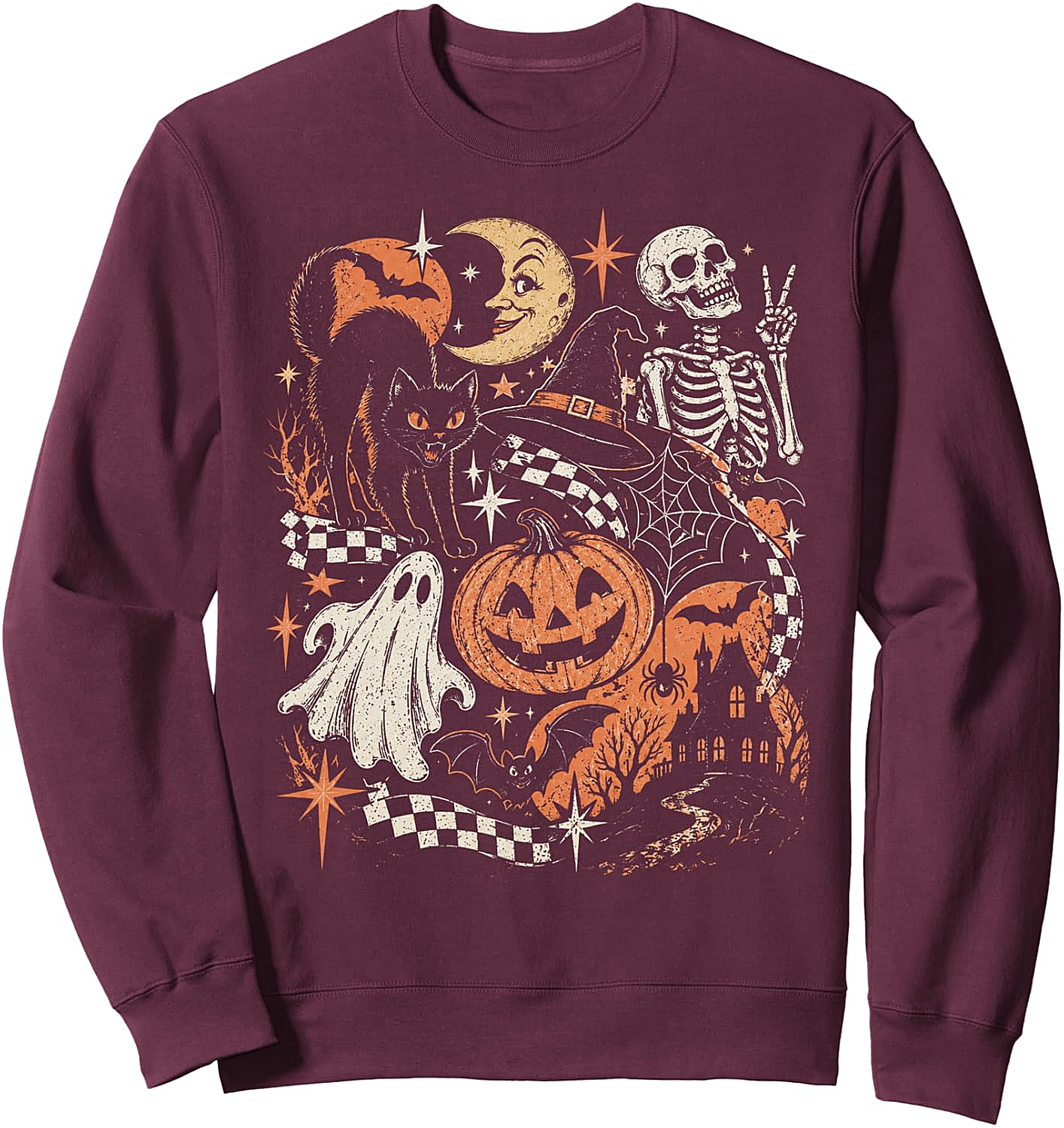 Retro Halloween Black Cat Ghost Skeleton Sweatshirt