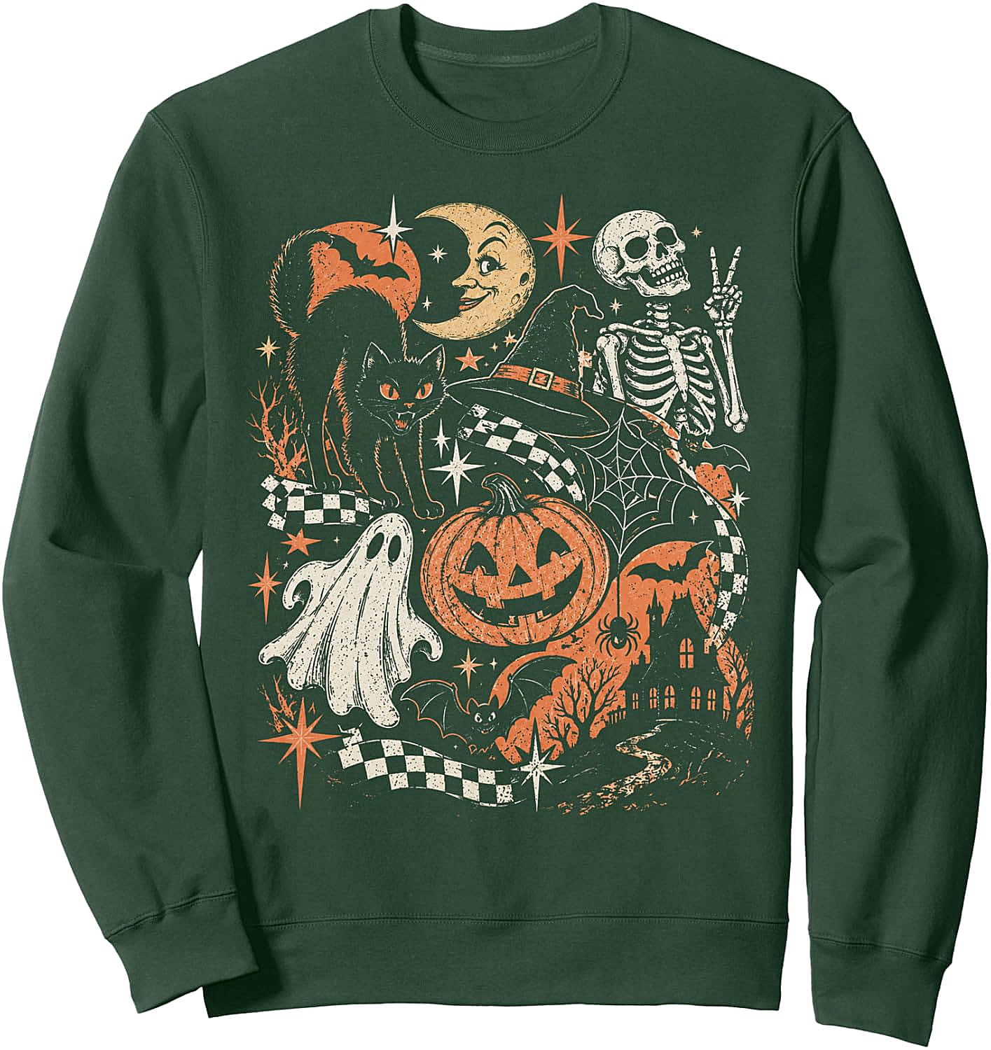 Retro Halloween Black Cat Ghost Skeleton Sweatshirt
