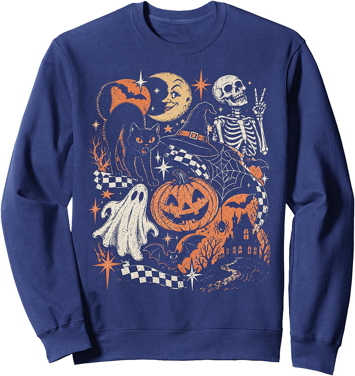 Retro Halloween Black Cat Ghost Skeleton Sweatshirt
