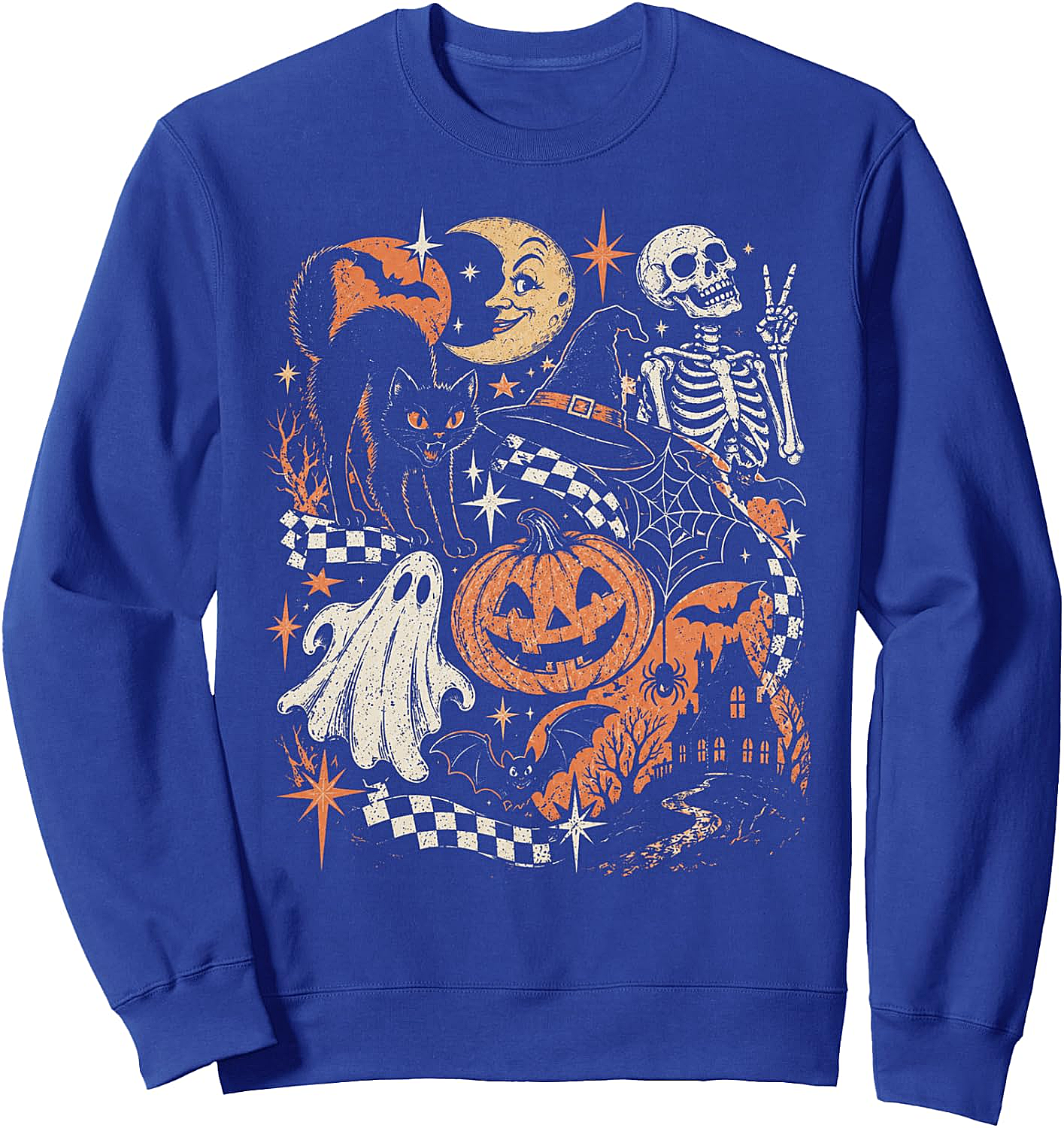 Retro Halloween Black Cat Ghost Skeleton Sweatshirt