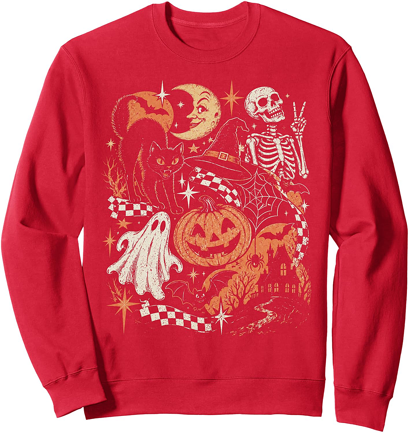 Retro Halloween Black Cat Ghost Skeleton Sweatshirt