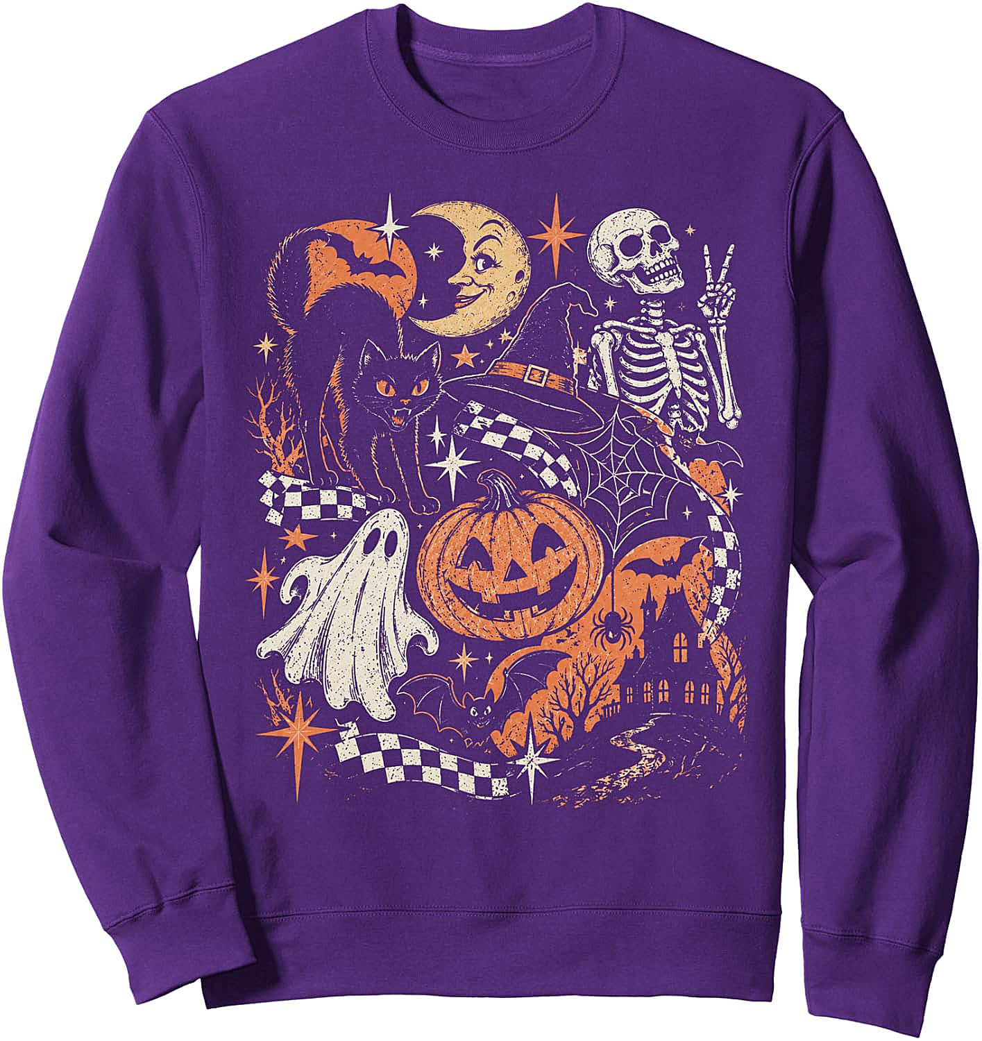 Retro Halloween Black Cat Ghost Skeleton Sweatshirt