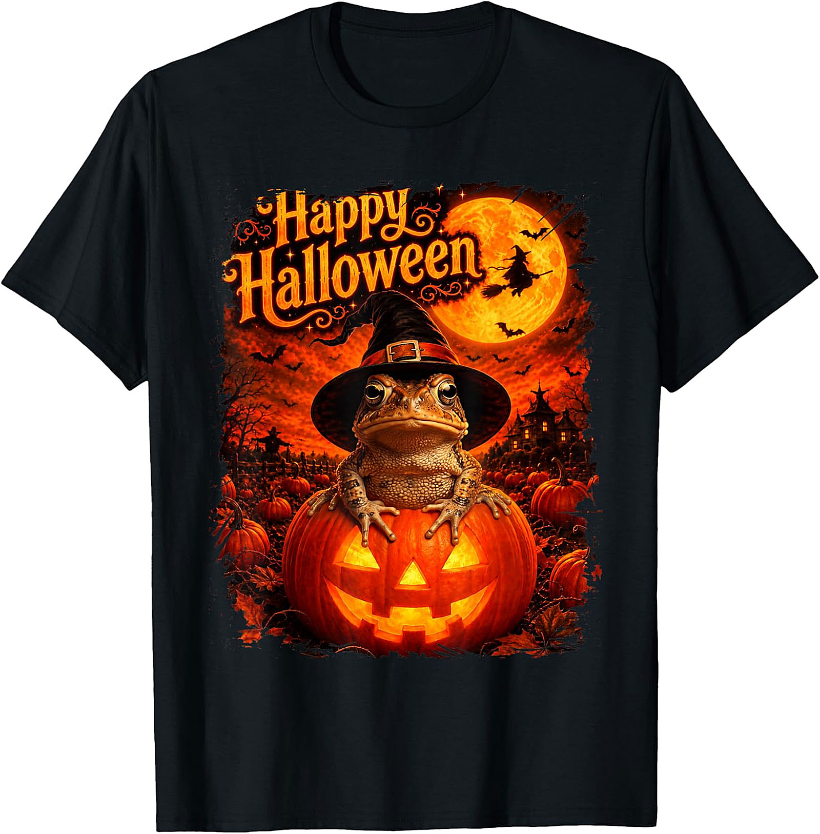 Happy Halloween Witchy Toad Pumpkin T-Shirt | Spooky Frog Tee