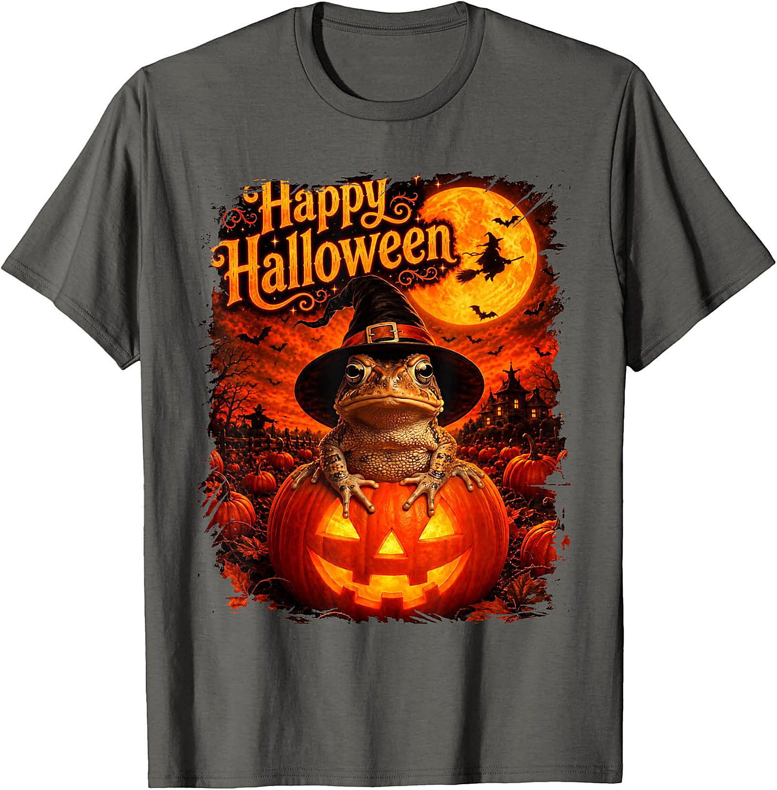 Happy Halloween Witchy Toad Pumpkin T-Shirt | Spooky Frog Tee