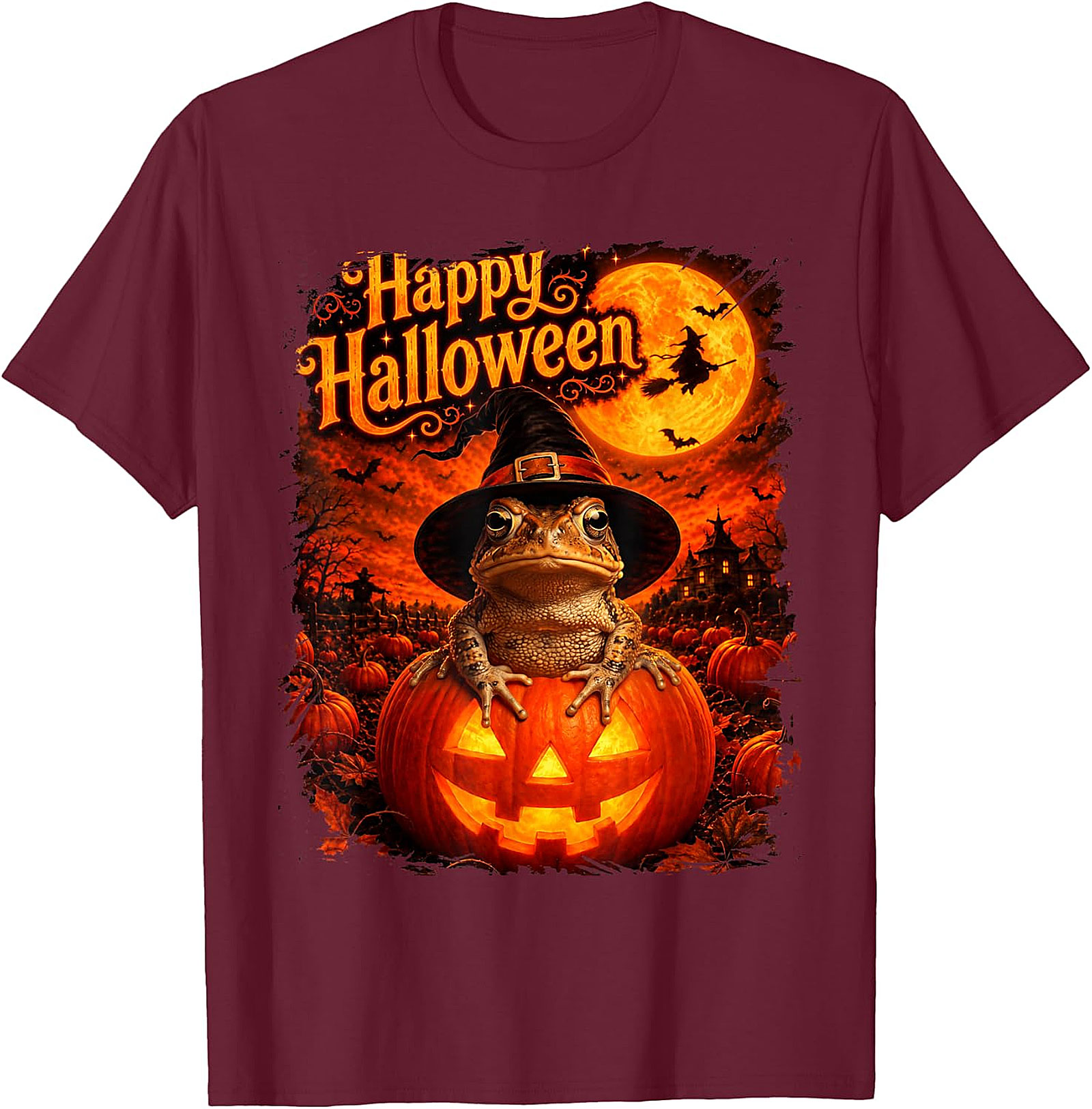 Happy Halloween Witchy Toad Pumpkin T-Shirt | Spooky Frog Tee