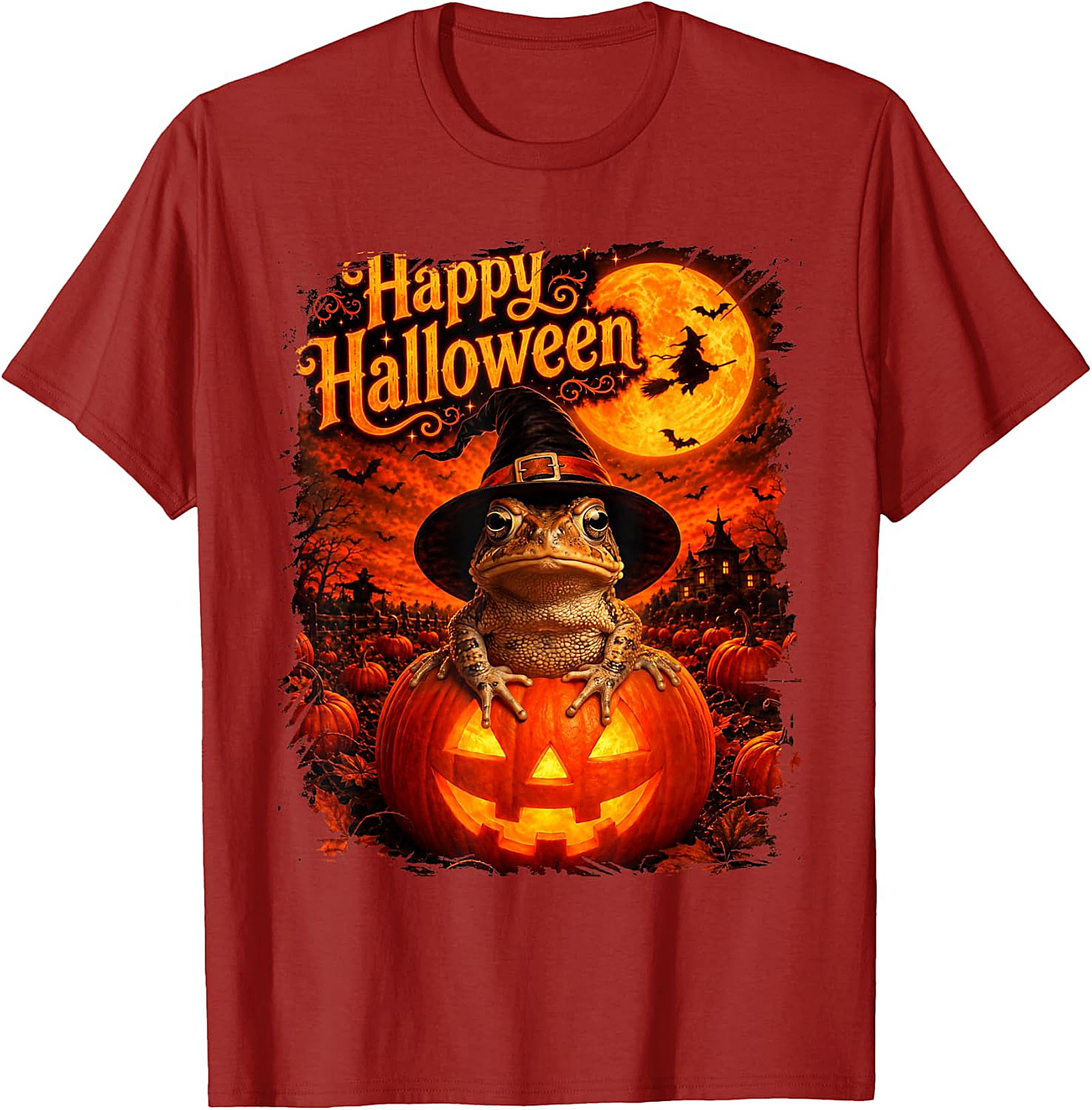 Happy Halloween Witchy Toad Pumpkin T-Shirt | Spooky Frog Tee