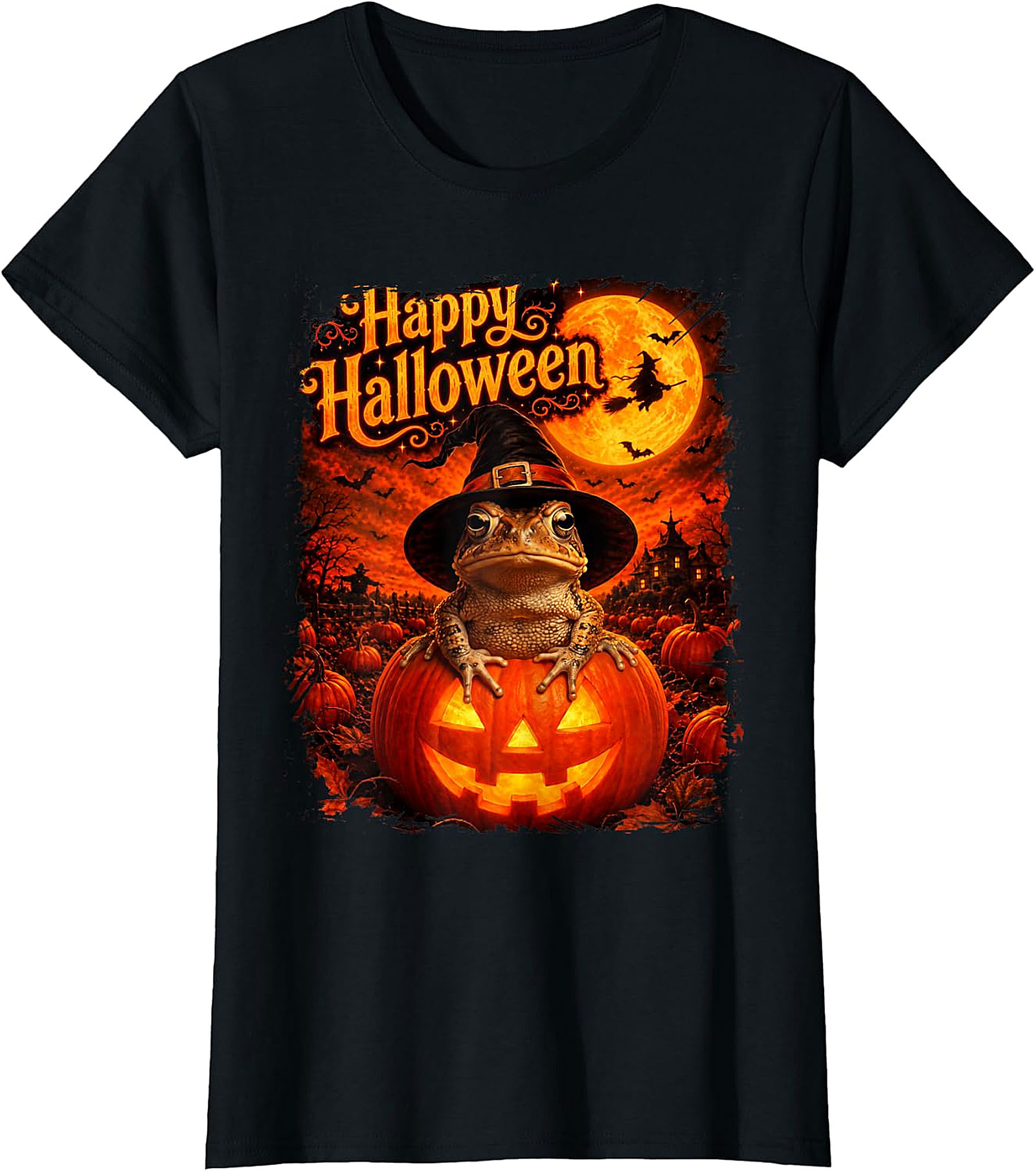 Happy Halloween Witchy Toad Pumpkin T-Shirt | Spooky Frog Tee