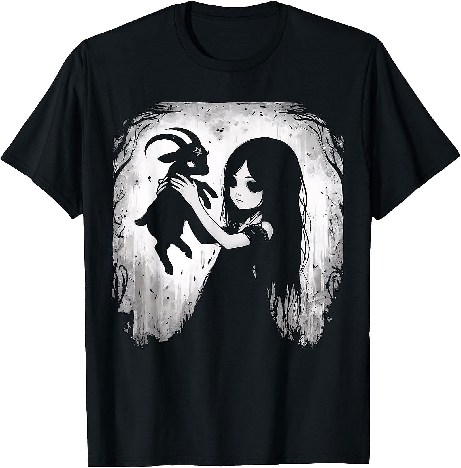 Gothic Girl & Baphomet Goat T-Shirt | Dark Fantasy Apparel