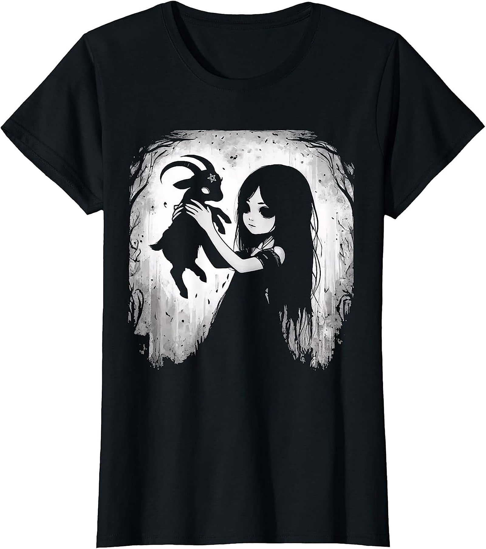 Gothic Girl & Baphomet Goat T-Shirt | Dark Fantasy Apparel