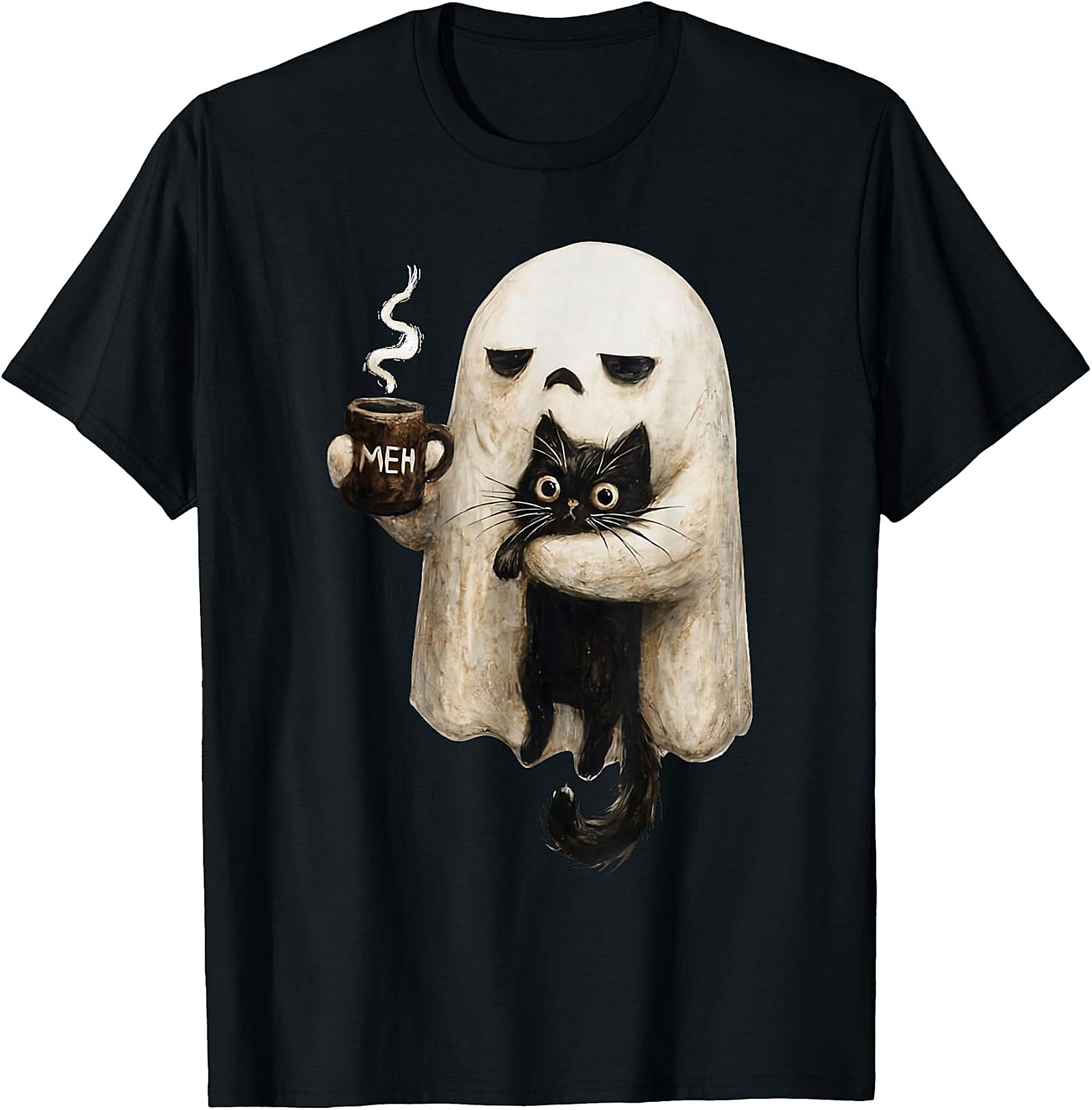 "Meh" Ghost & Black Cat Graphic | Humorous & Cute Design