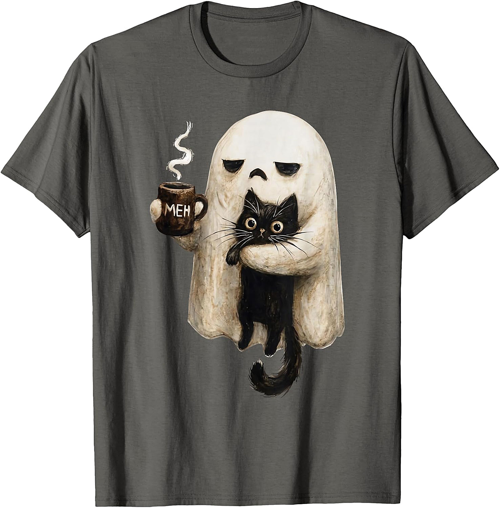  "Meh" Ghost & Black Cat Graphic | Humorous & Cute Design