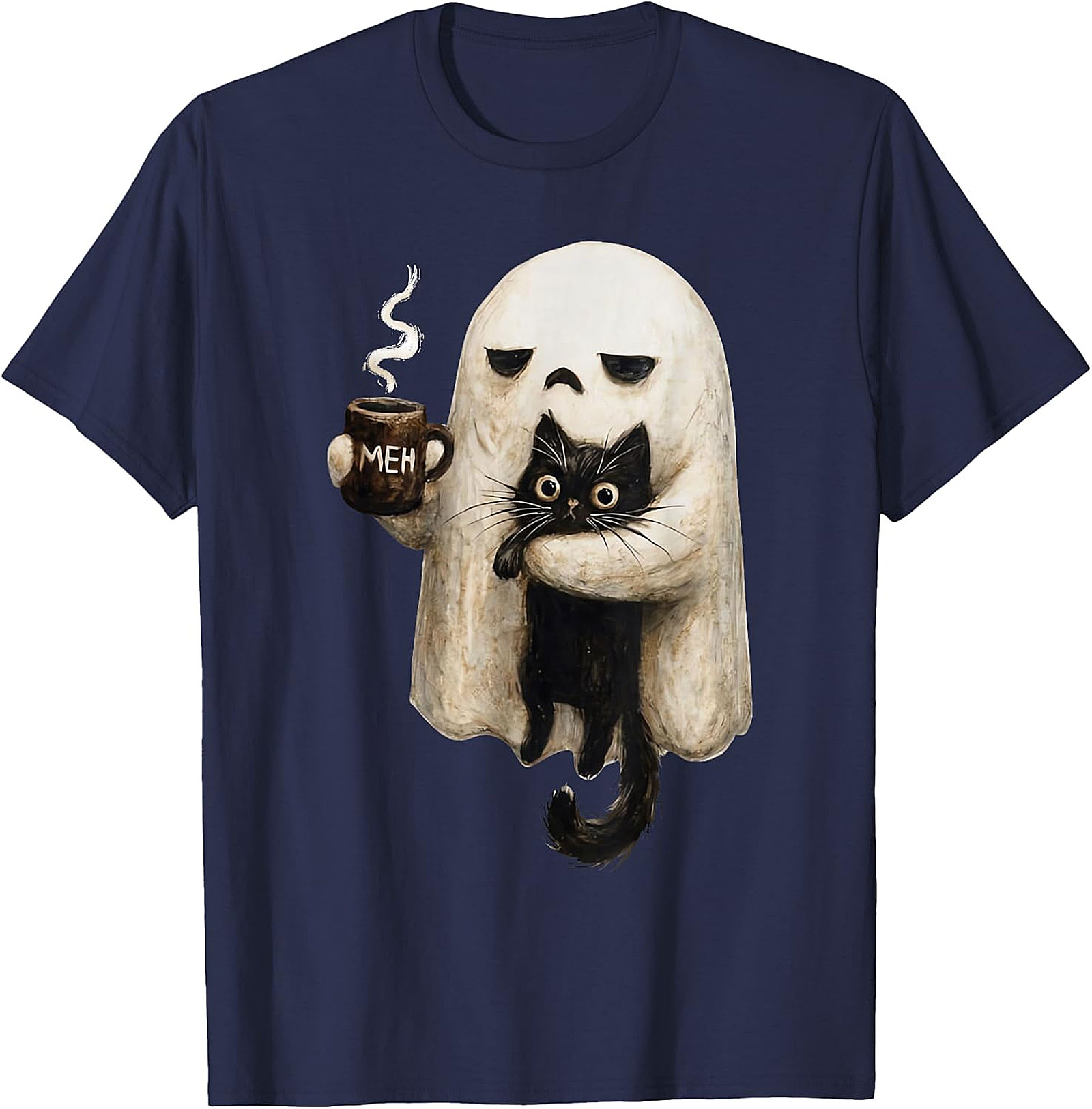  "Meh" Ghost & Black Cat Graphic | Humorous & Cute Design