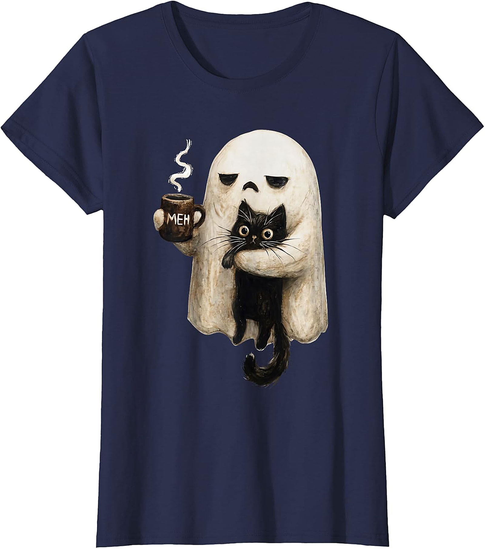  "Meh" Ghost & Black Cat Graphic | Humorous & Cute Design