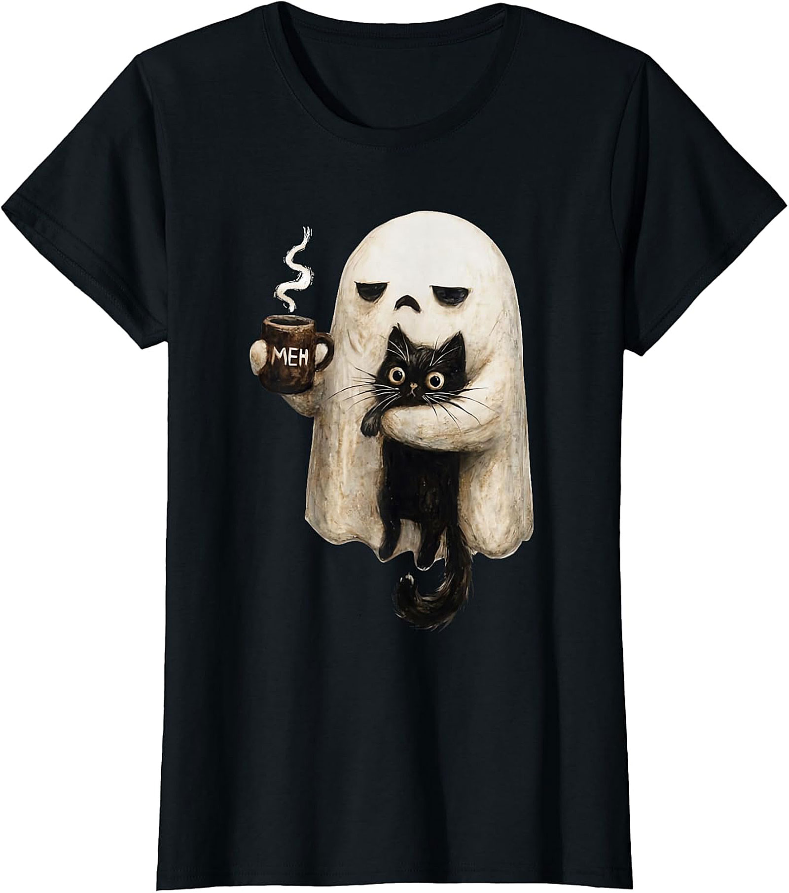  "Meh" Ghost & Black Cat Graphic | Humorous & Cute Design