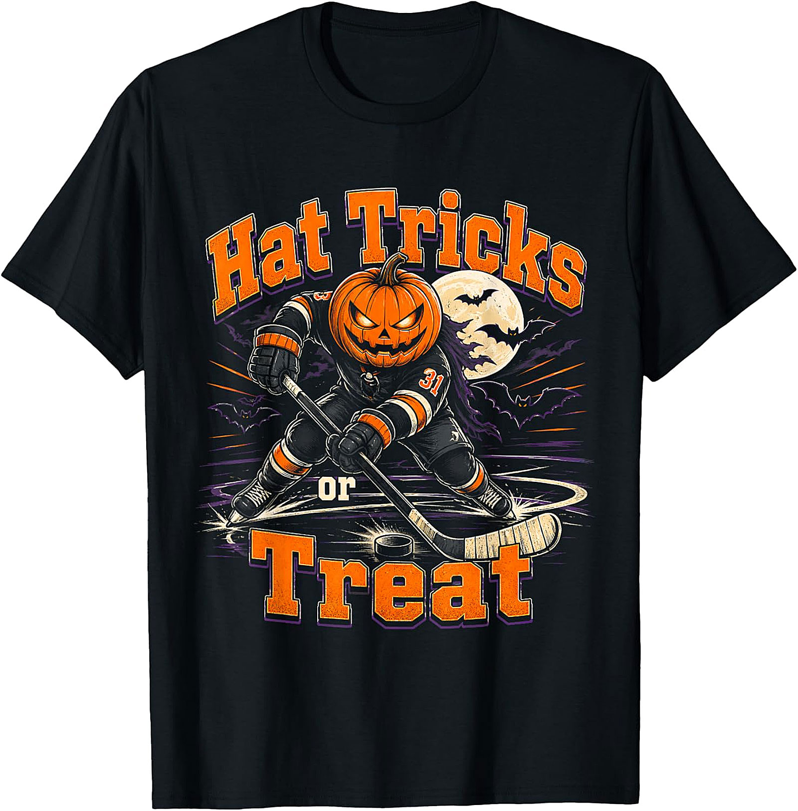 Hat Tricks or Treat Hockey Pumpkin Halloween T-Shirt