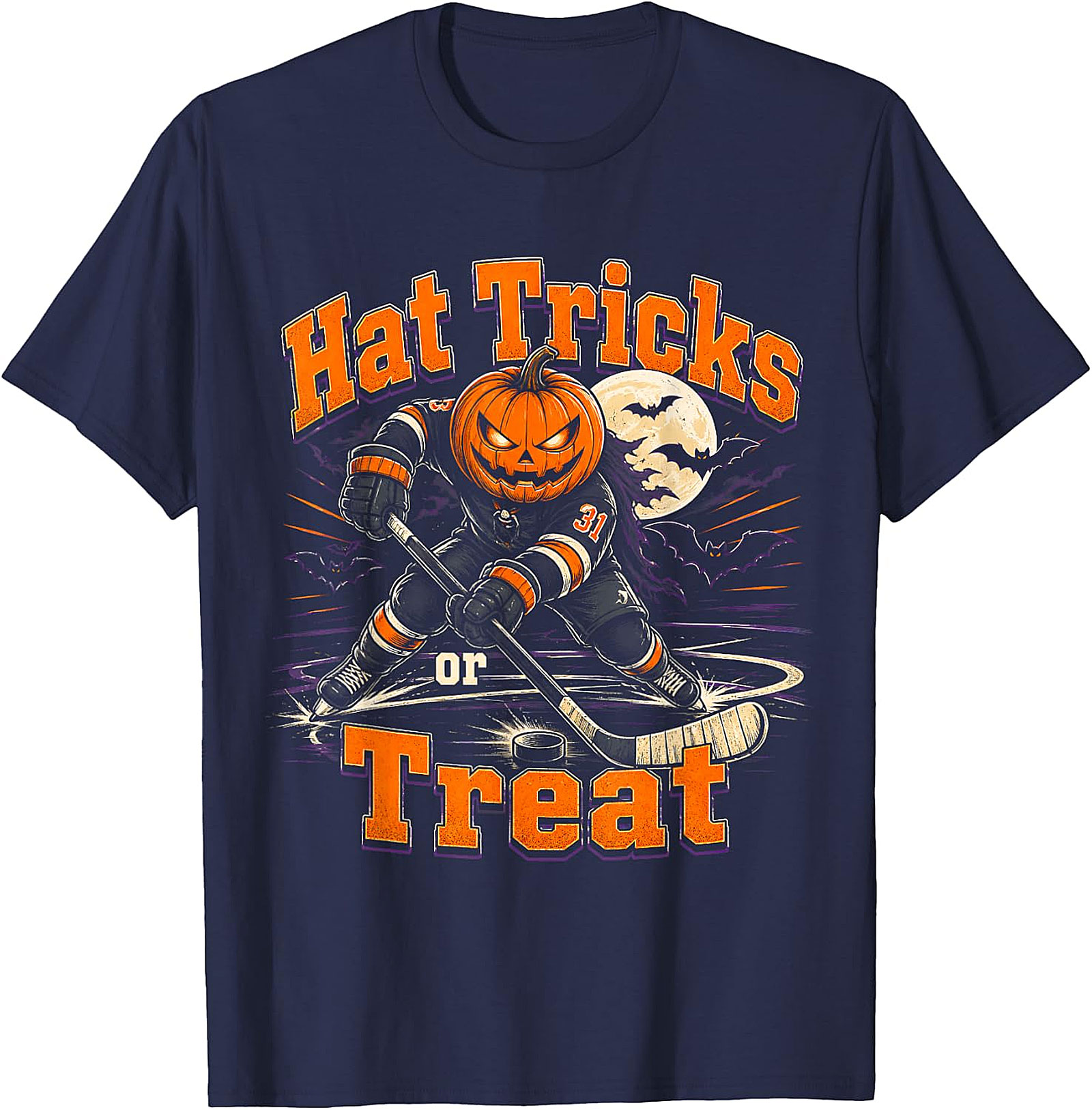  Hat Tricks or Treat Hockey Pumpkin Halloween T-Shirt